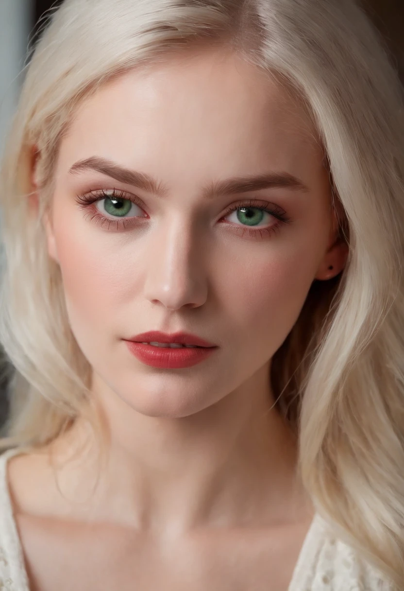(((a deep reddish wound crosses her left cheek))) fair complexion, woman around 19 years old, natural white hair, distinctive green eyes, wearing kohl, slender and graceful, beautiful, candlelight 28 year old German girl with long hair, blue eyes, super model body like Claudia Shiffer who is sitting on a sofa in the lobby of a luxury German massage center in Berlin