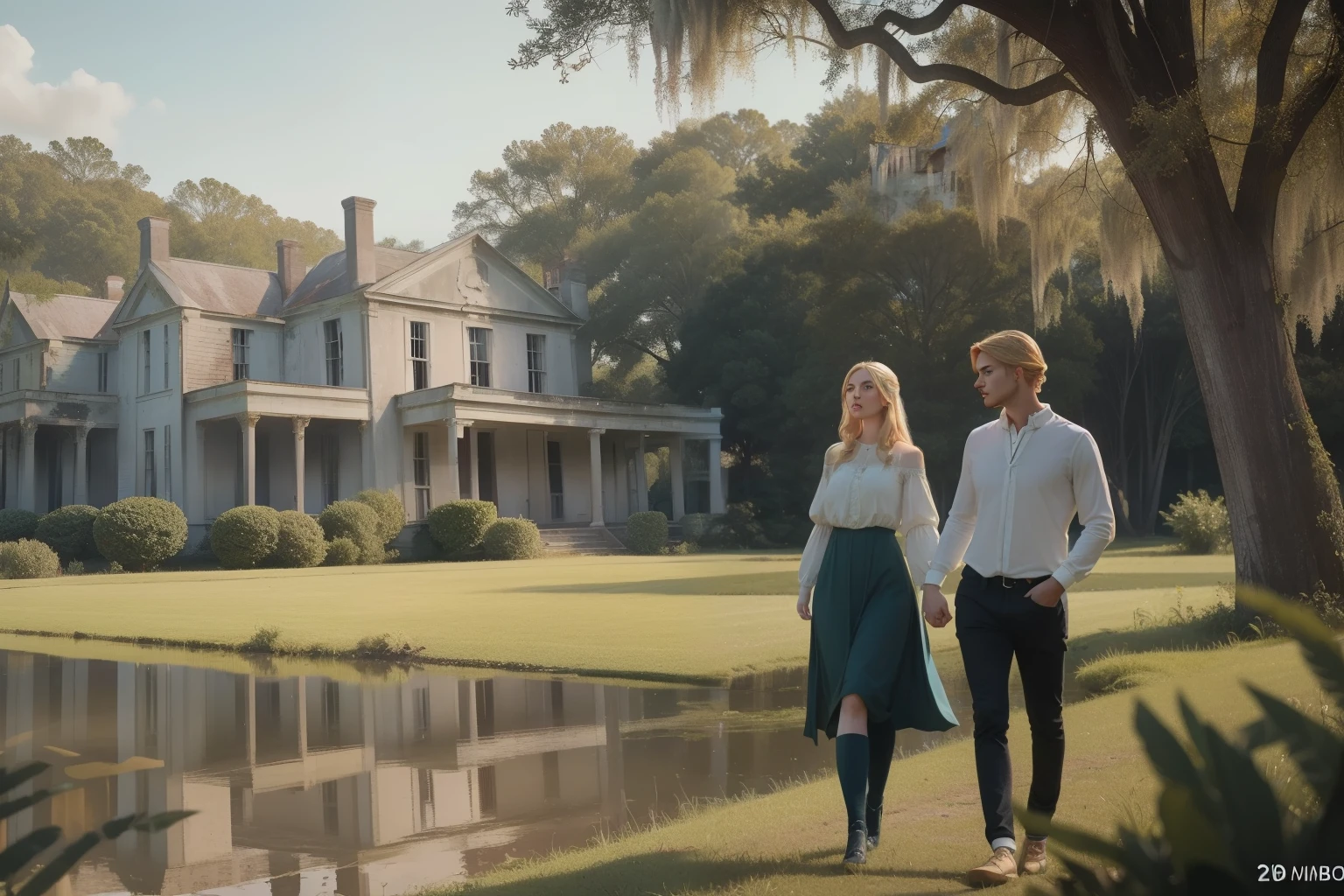 Year: 2023. Location: Augusta, Georgia. pre-raphaelite blonde woman with her ((boyfriend)), looking at an ((abandoned)) plantation mansion in ((awe)), next to the river, ((2020s casual clothes)) ((2020s hairstyle)) ((in the style of "OMITB")) ((cinematic style))