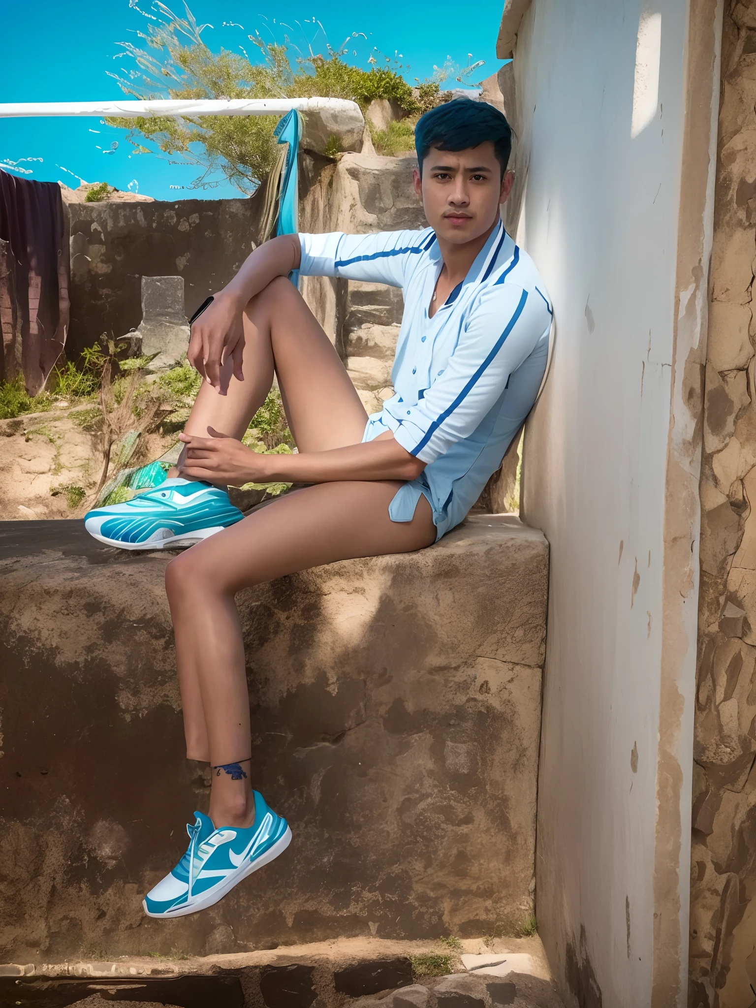 Blue sky, realistic boy, realistic sky,cool look, handsome boy, realistic boy realistic,a boy sating wall
