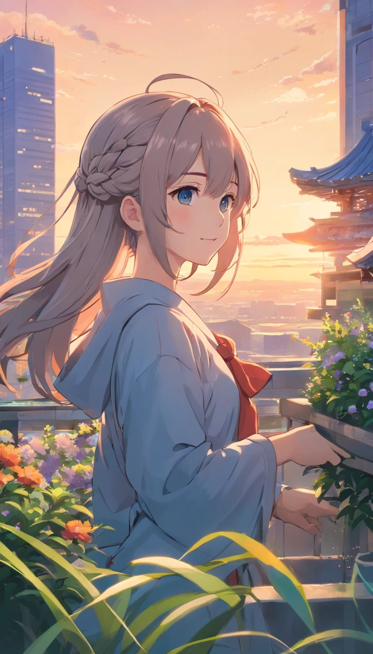 Best quality at best,tmasterpiece,The is very detailed,Face details,8K, detailed back ground,1girll,独奏,Silver hair,eBlue eyes,pigtails,long whitr hair,wavey hair,voluminous hair,pony tails,french braid,Blushlush,ssmile,Shawl,Chinese city,Chinese service,the night,themoon,scenecy,high place,horizon,ventania,wind blown,flowerbed,looking at viewert