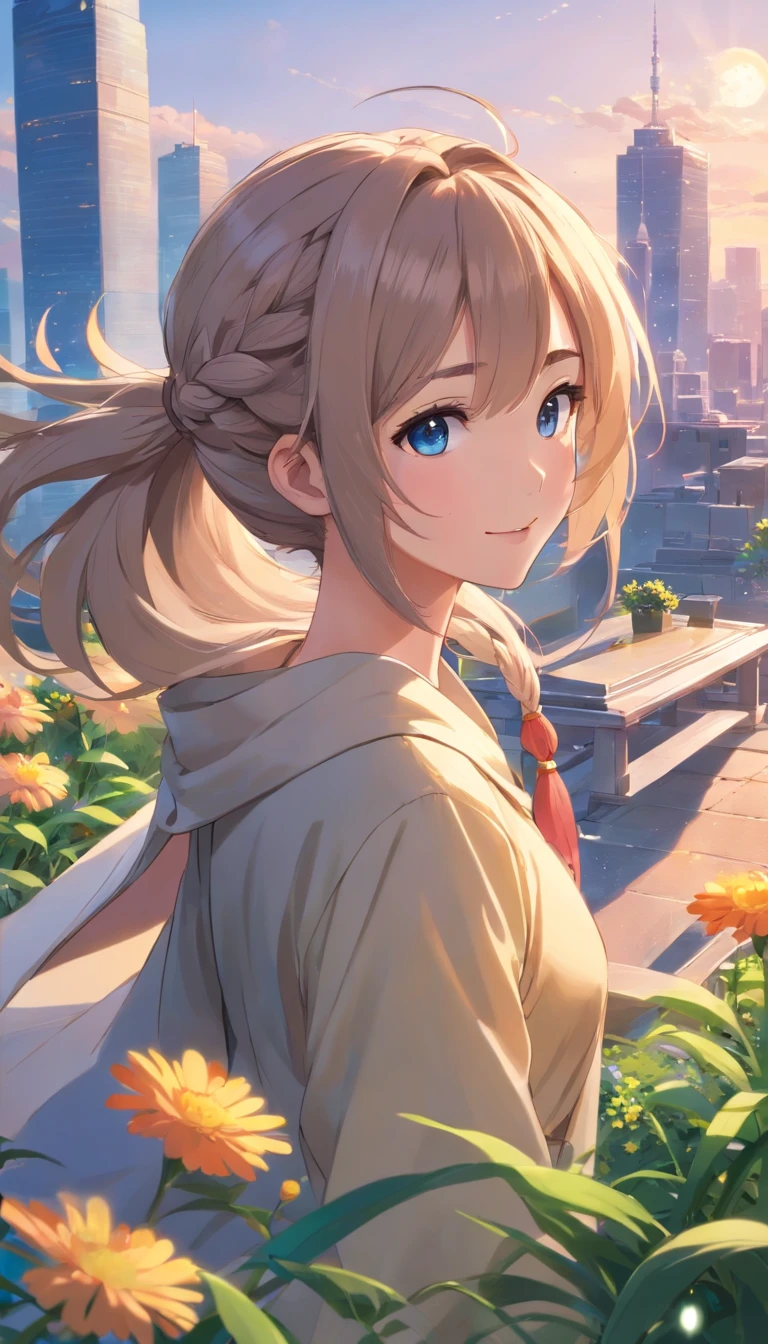 Best quality at best,tmasterpiece,The is very detailed,Face details,8K, detailed back ground,1girll,独奏,Silver hair,eBlue eyes,pigtails,long whitr hair,wavey hair,voluminous hair,pony tails,french braid,Blushlush,ssmile,Shawl,Chinese city,Chinese service,the night,themoon,scenecy,high place,horizon,ventania,wind blown,flowerbed,looking at viewert