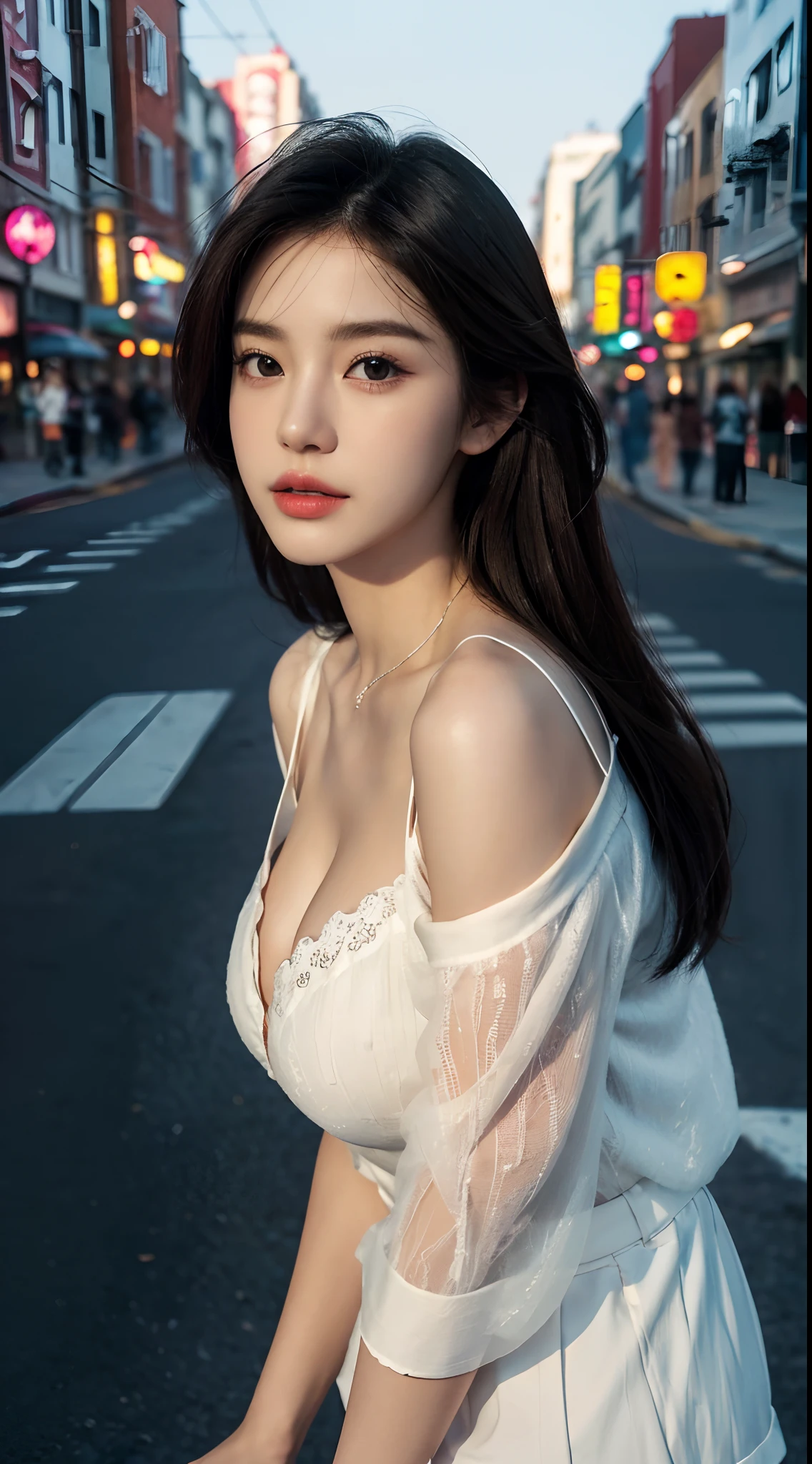 (Best quality,16k,A high resolution,Masterpiece:1.2),Ultra-detailed,(Realistic,Photorealistic,photo-realistic:1.37),Korean fashion beauty,Japanese and Korean beauties,cute and innocent,Detailed eyes and face,beautiful detailed lips,White teeth,Long eyelashes,slimification,fashionable in dressing,Shorts short skirt,Plump upper circumference,Large breasts,cleavage,(Lovely,Charming:1.1),Colorful street background,Stylish clothes and accessories,The fabric of the clothes is smooth,Portrait style photography,Vivid colors,Street lights.