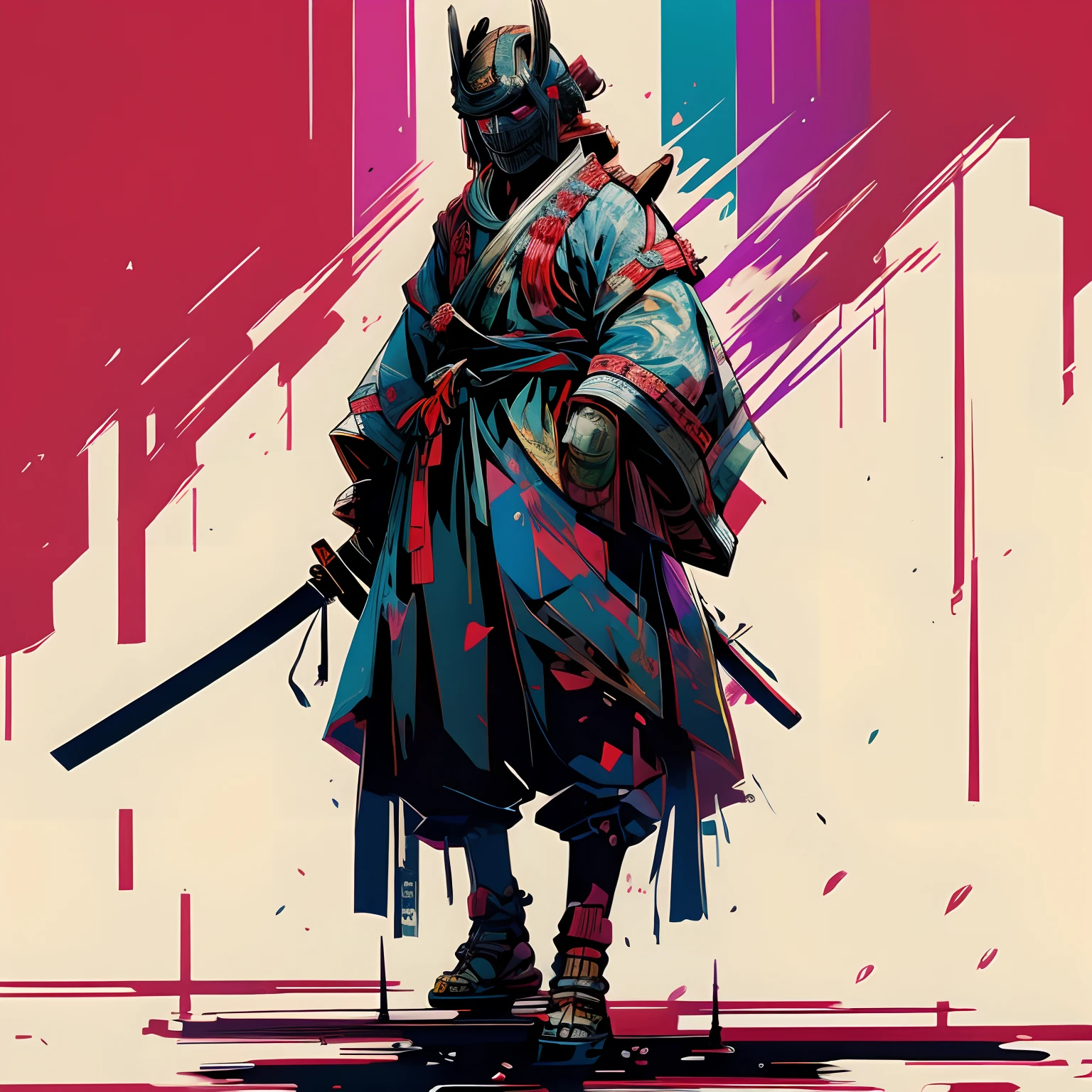 Messi, samurai, Evil, walking in a destroyed Japanese village