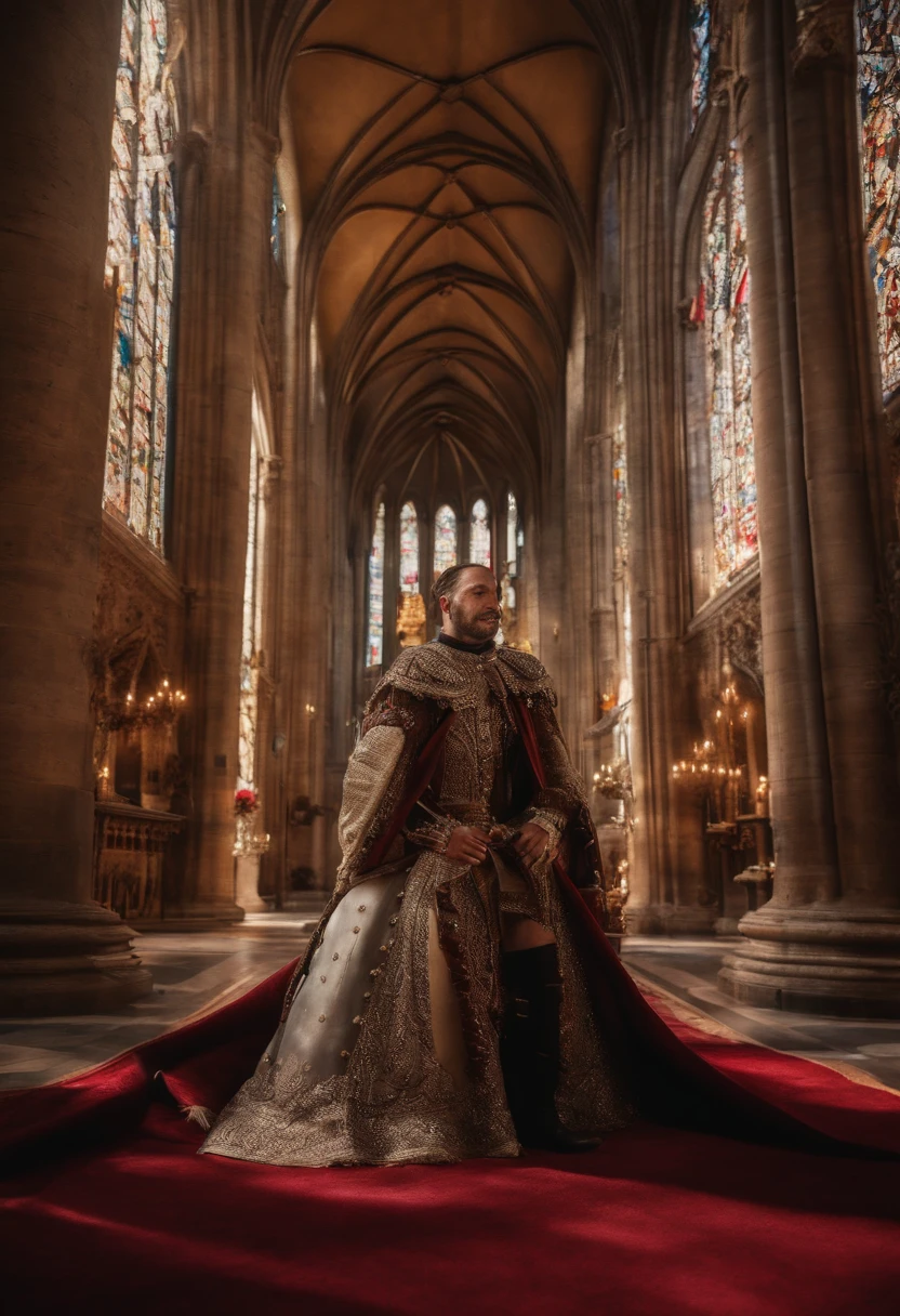 burgundian 16th century knight in full plate decorated parade gleaming armor inside a gothic style cathedral, rays of sunlight passing through the windows, cinematic, hdr, high quality, Intricate details (Ultra-detailed CG unity 8k wallpaper, Masterpiece, Best quality, Depth of field, hdr, Intricate, portrait)