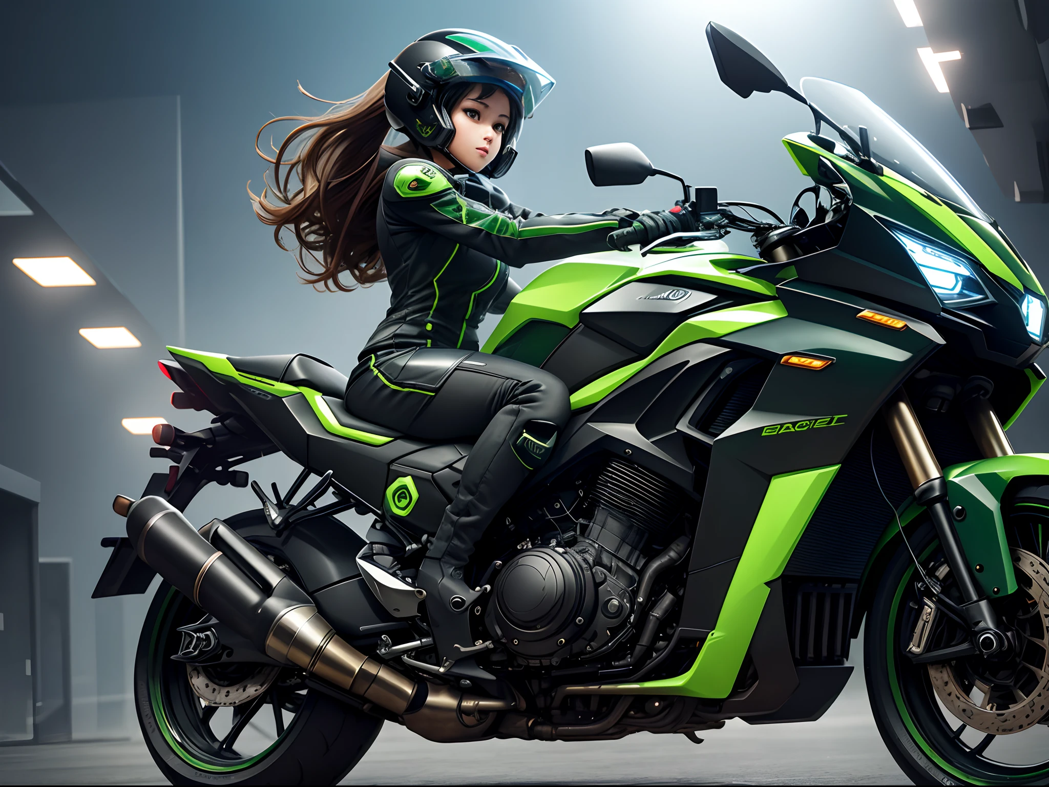 Highest image quality, Outstanding details, Ultra-high resolution, (Realism: 1.4), The best illustration, favor details, highly condensed 1girl, with a delicate and beautiful face, dressed in a black and green mecha, wearing a mech helmet, holding a directional controller, Riding on a motorcycle, the background is a high-tech lighting scene of the city of the future.