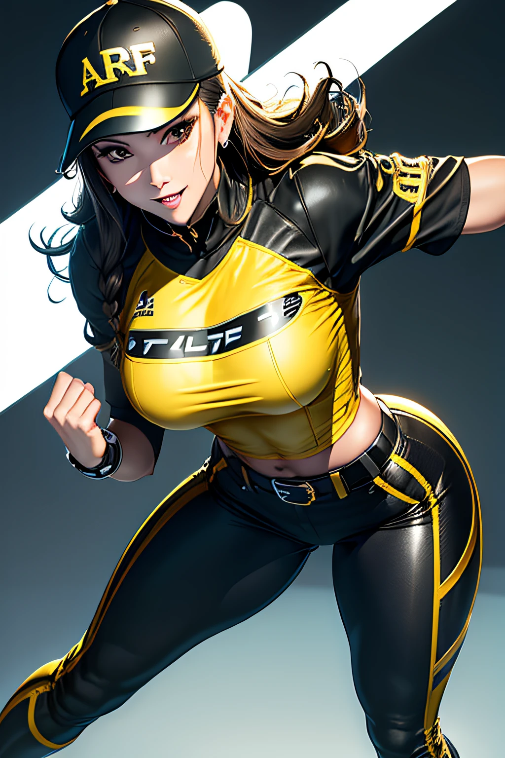 Arafe Female Solo、Big breasts about to burst、Metallic yellow and metallic black baseball uniforms、thin and long legs,、Fitness Body Shape、half-pants、a belt、Pose ready to fight、Mischievous smile