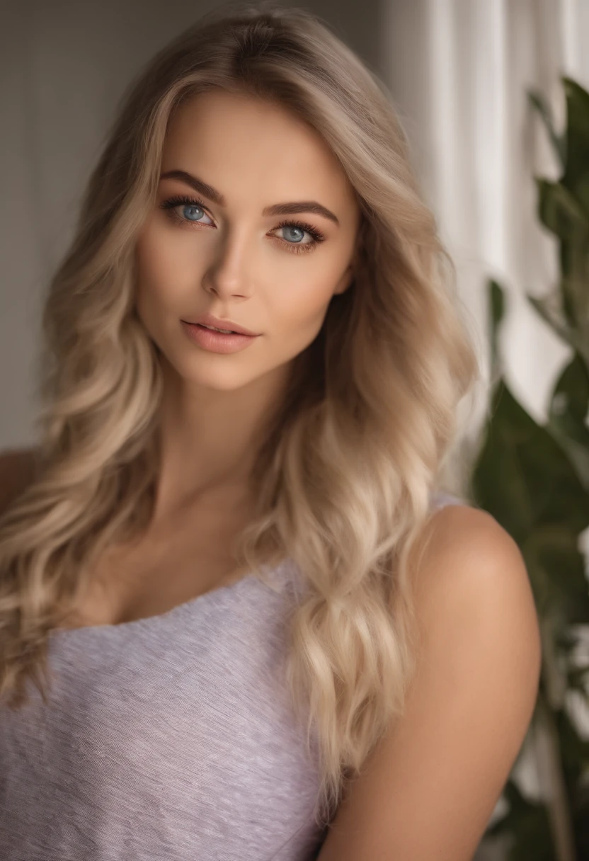 A woman in a matching T-shirt and panties, Sexy girl with blue eyes, portrait sophie mudd, Portrait of de Corinnne Kopf, blonde hair and large eyes, selfie of a young woman, Макияж Without, natural makeup, Look directly into the camera, face with artgram, dezentes Make-up, Excellent full-length photography, in a room, big breastes, blonde, Latina, breasts exposed, Shirtless shirt, Tits Out, Chest Out,