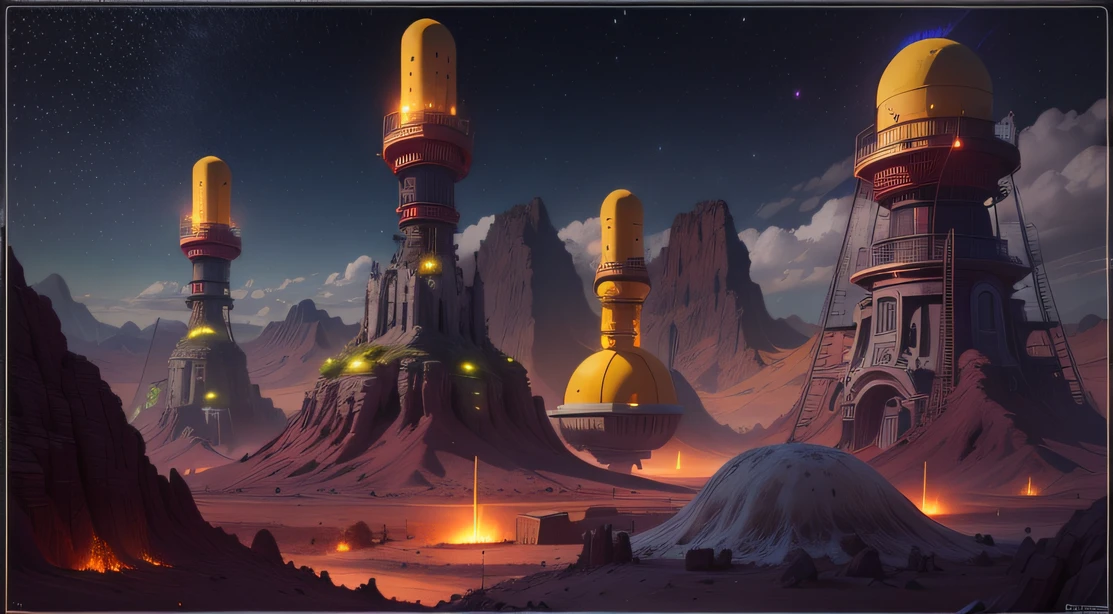 Alien Fall Base (Very detailed) In the mountainous desert,There are several exhaust fans and yellow chimneys, Some neon lights come out of the base to illuminate the dark place, (Extreme nights), Some clouds in the night sky, Some of the surrounding planets provide air to unknown planets,The farthest giant volcano is erupting