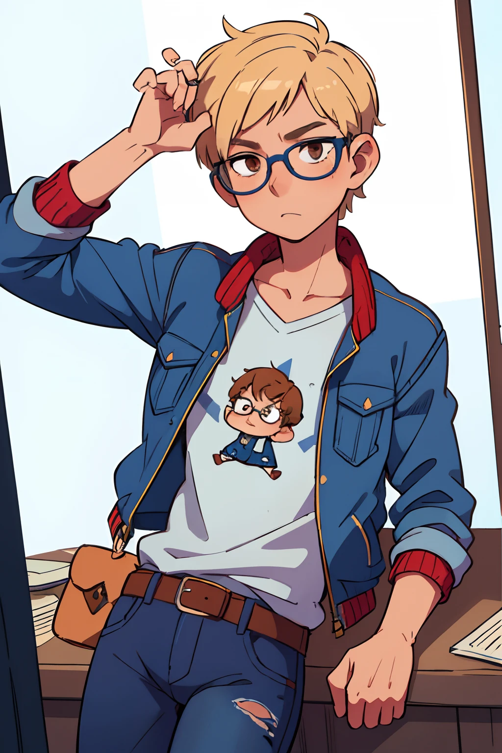 ((beste-Qualit, tmasterpiece)),
Boy modest, blue jacket, blue jeans, short hair, blonde glasses with a narrow frame, brown eyes
