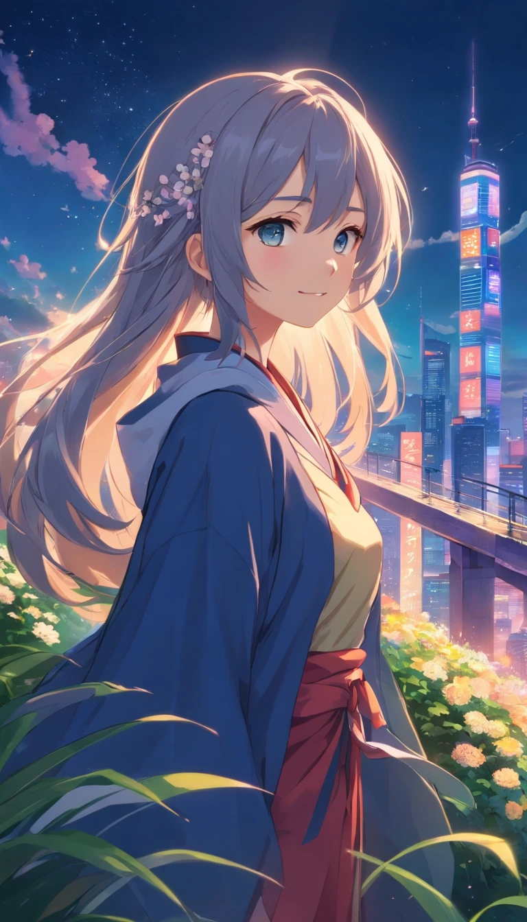 Best quality at best,tmasterpiece,The is very detailed,Face details,8K, detailed back ground,1girll,独奏,Silver hair,eBlue eyes,,long whitr hair,wavey hair,voluminous hair,,,Blushlush,ssmile,Shawl,Chinese city,Chinese service,the night,themoon,scenecy,high place,horizon,ventania,wind blown,flowerbed,looking at viewert