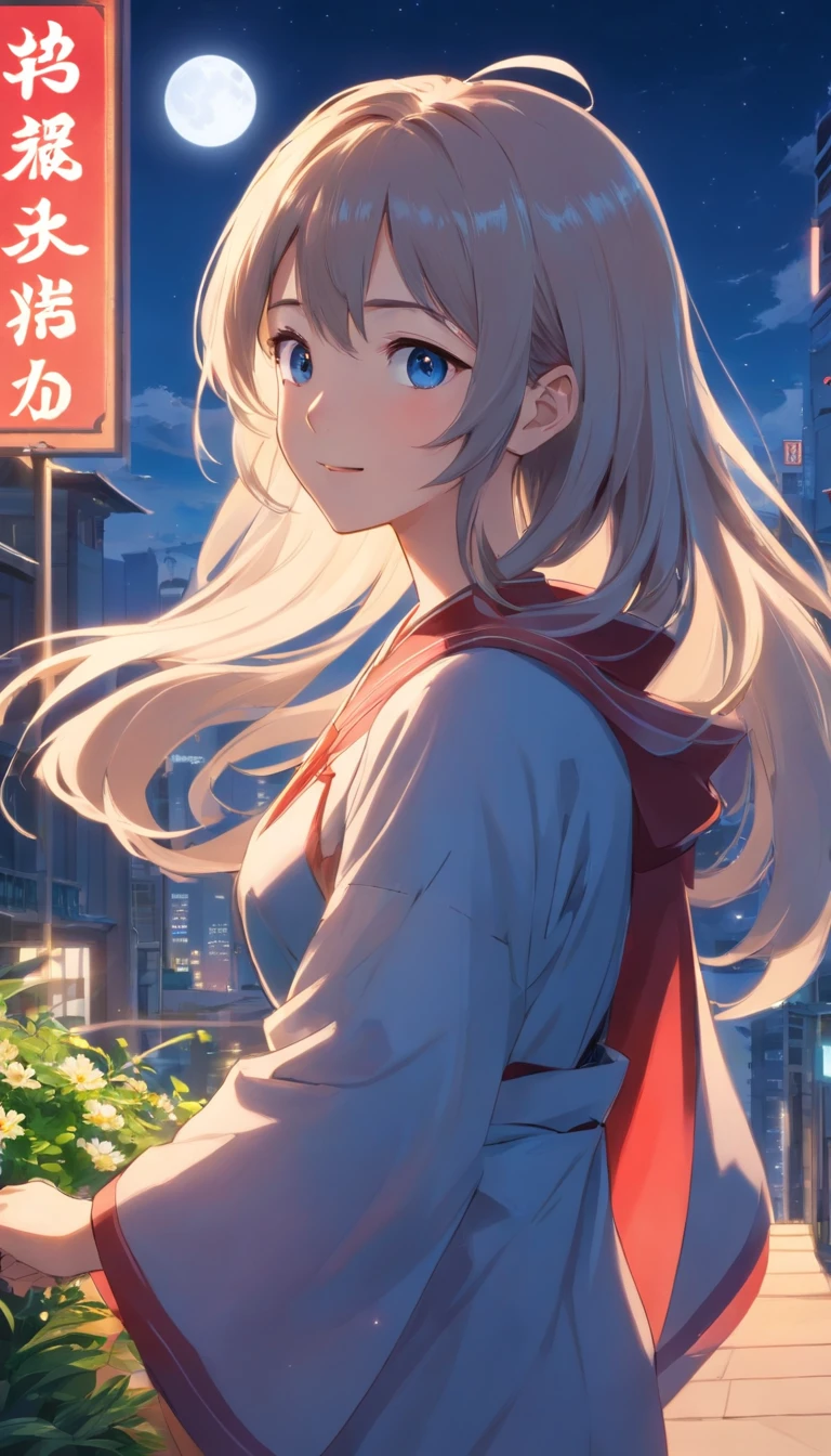 Best quality at best,tmasterpiece,The is very detailed,Face details,8K, detailed back ground,1girll,独奏,Silver hair,eBlue eyes,,long whitr hair,wavey hair,voluminous hair,,,Blushlush,ssmile,Shawl,Chinese city,Chinese service,the night,themoon,scenecy,high place,horizon,ventania,wind blown,flowerbed,looking at viewert