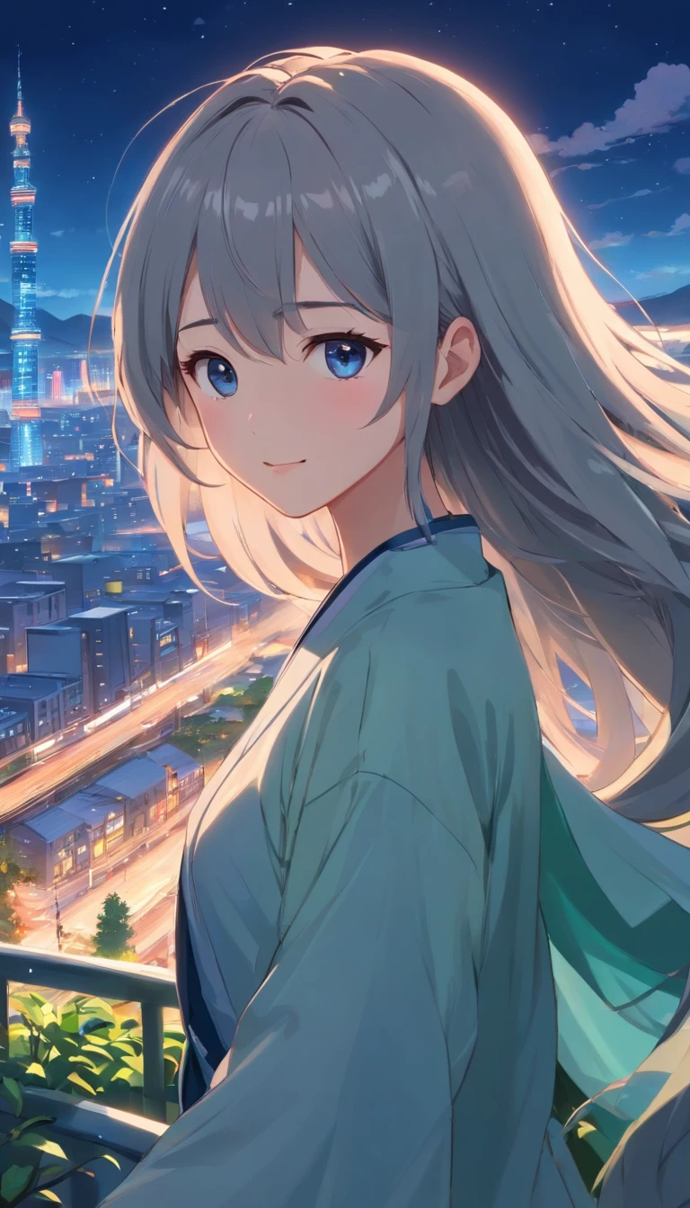 Best quality at best,tmasterpiece,The is very detailed,Face details,8K, detailed back ground,1girll,独奏,Silver hair,eBlue eyes,,long whitr hair,wavey hair,voluminous hair,,,Blushlush,ssmile,Shawl,Chinese city,Chinese service,the night,themoon,scenecy,high place,horizon,ventania,wind blown,flowerbed,looking at viewert