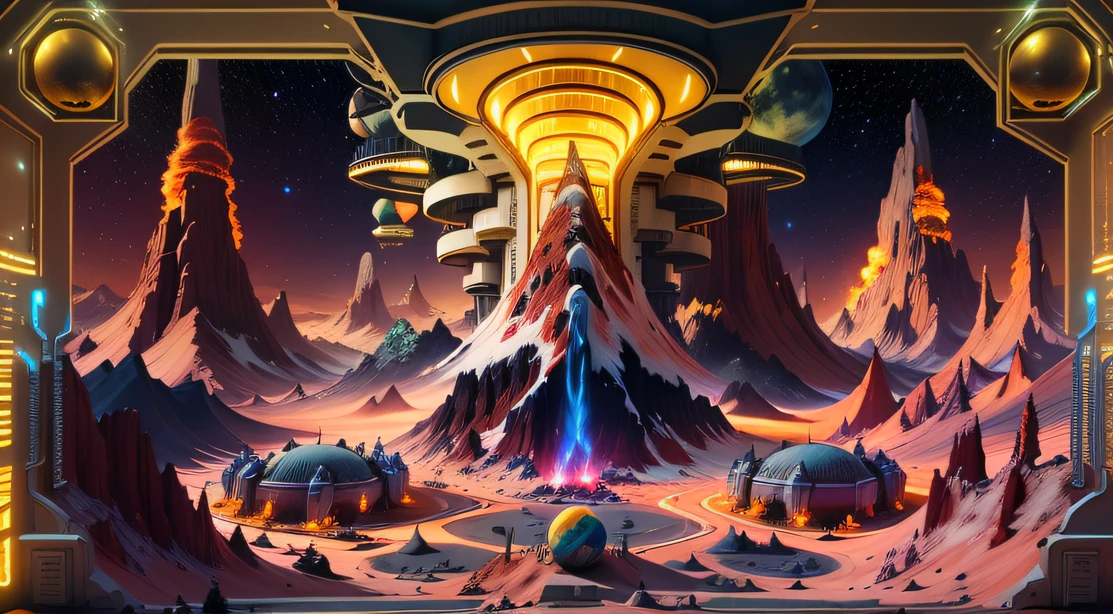Alien Fall Base (Very detailed) In the mountainous desert,There are several exhaust fans and yellow chimneys, Some neon lights come out of the base to illuminate the dark place, (Extreme nights), Some clouds in the night sky, Some of the surrounding planets provide air to unknown planets,The farthest giant volcano is erupting