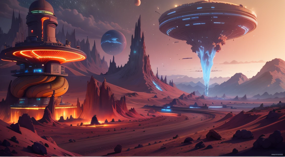 Alien Fall Base (Very detailed) In the mountainous desert，There are several exhaust fans and yellow chimneys, Some neon lights come out of the base to illuminate the dark place, (Extreme nights), Some clouds in the night sky, Some of the surrounding planets provide air to unknown planets，The farthest giant volcano is erupting
