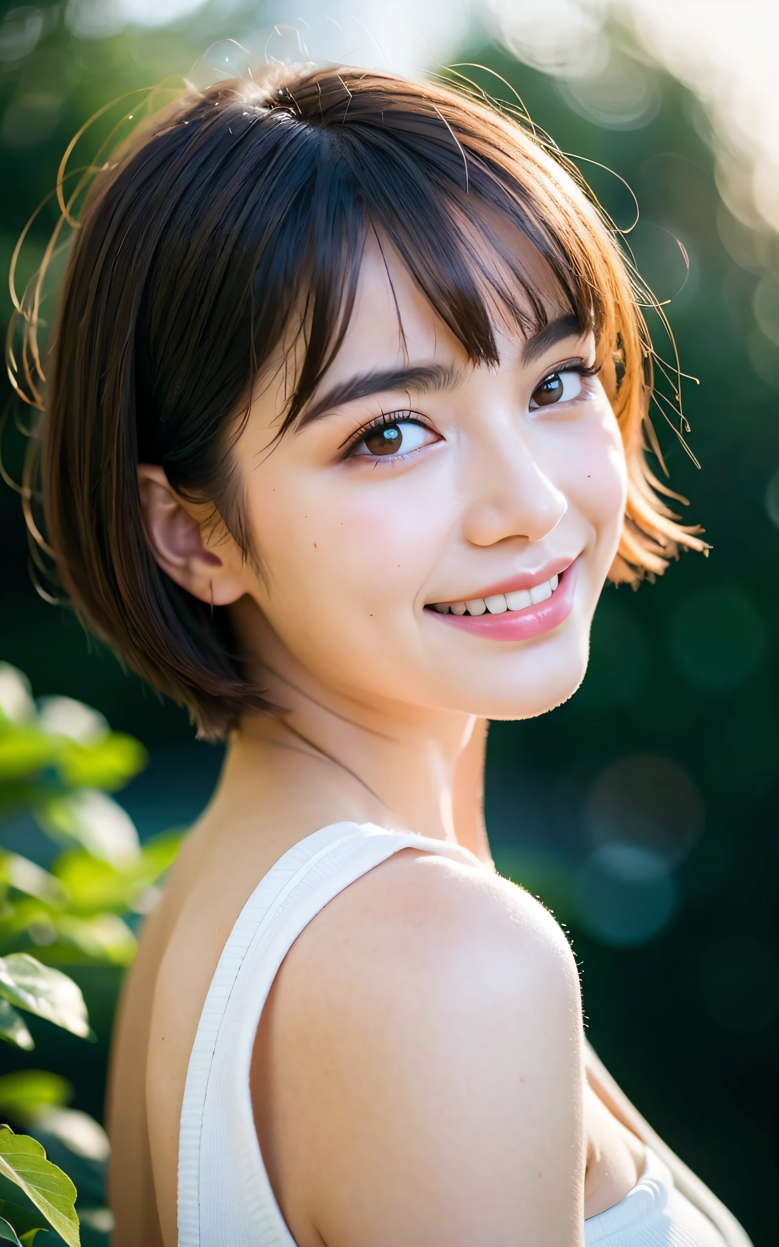 masterpiece, Best Quality, 8K, 1girl in, Good Hand, , close up of face, Lively, Active, Life Force, Luminescent, Looking away, Raw photo, F/1.8, 135 mm, NIKON, Anatomically correct, Bokeh,Textured skin, Professional Photography, Portrait, Soft light, Professional Lighting, Solo, (Smile), Cute, Girly, Film grain, (Eyes and faces with detailed:1.0), Brown hair, Short hair swaying in the wind, Bangs