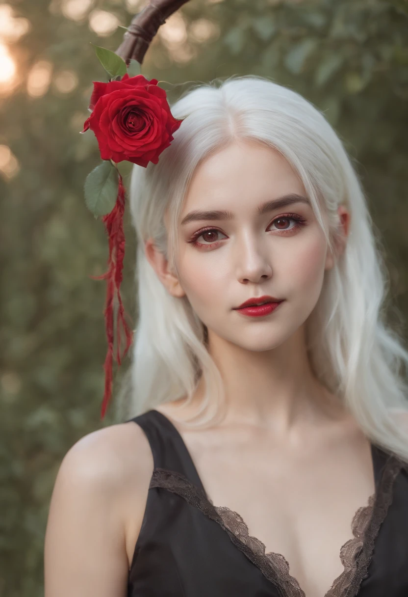 (best quality, masterpiece), (1girl, solo, black dress, standing , looking at viewer, white hair, red eyes, holding rose, closed mouth, upper body), (red dreamcatcher behind, red flower, )