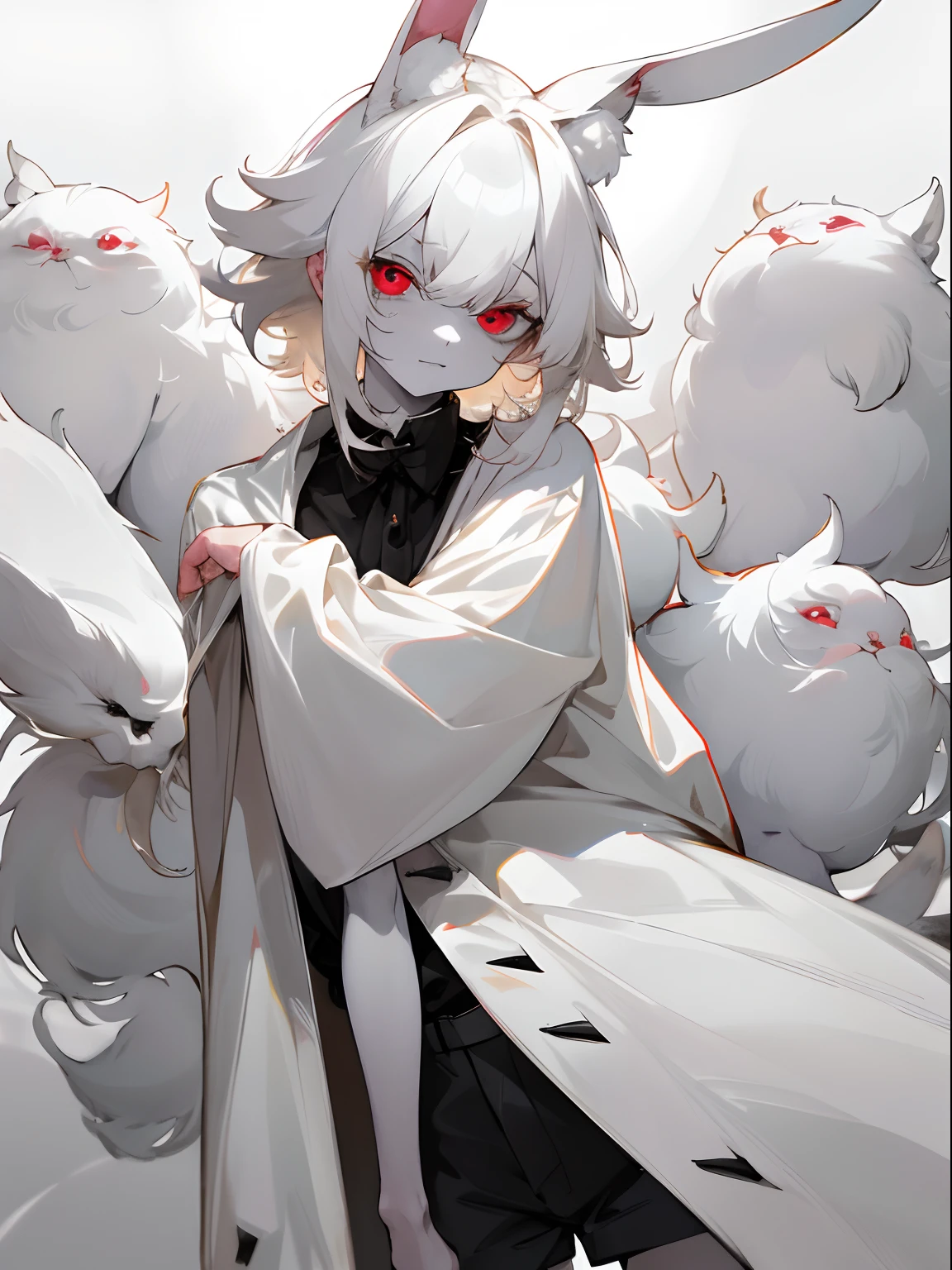 masterpiece, best quality, highres, 1boy, cream hair, white hair, pearl hair, lovely boy, angelic, rabbit ears, loose clothing, oversized clothing, dark red eyes, eye bags, dark circles under eyes, yami kawaii, kemonomimi, fluffy hair, voluminous hair, skinny, slim, very skinny, androgynous, cute, creepy, short hair, horror, washed out colours, white skin, creepy, unnaturally thin, starving, eyes, eyes in background, sharp eyes, long eyelashes, under lashes, loose shorts