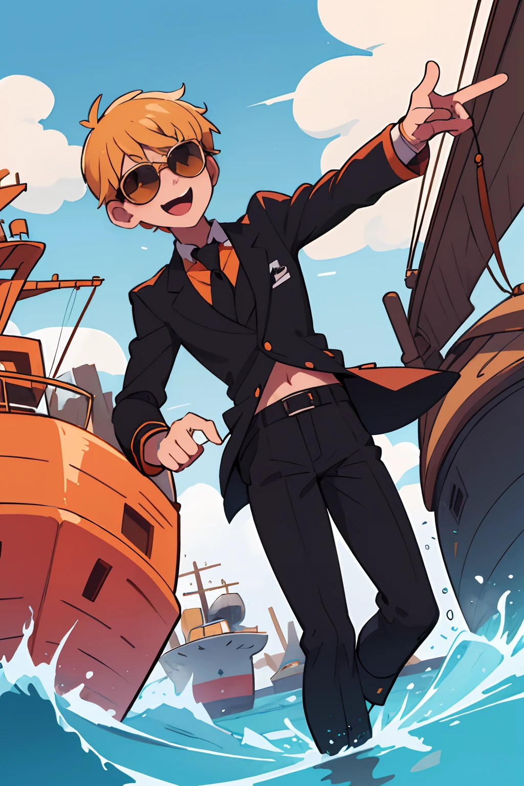 (beste-Qualit, tmasterpiece)), 
1guy, ship captain  ,White costume, brown pants, Orange shirt, black boots, Yellow tie, blond short hair, Orange Eyes, Black sunglasses, is happy, exteriors, Yacht in the background,  Seaport in the background