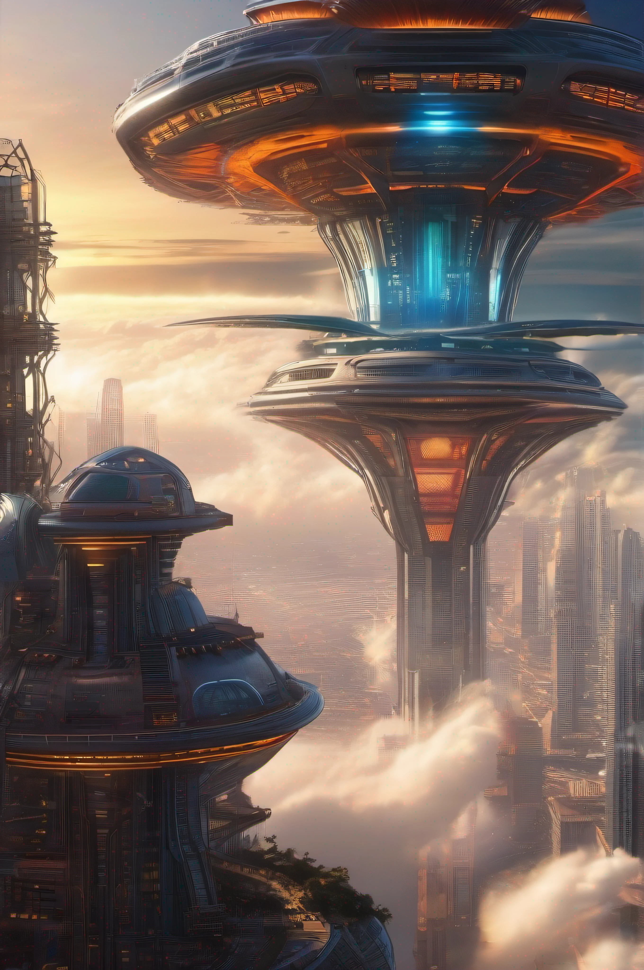 alien mechanical flying city, extreme detail, UHD, best quality, masterpiece, detailed design, metallic body, glowing neon lights, advanced propulsion system, air traffic control tower, extremely detailed futuristic cityscape, best quality background, hovering above the clouds, massive rotating turbines, glass cockpit, holographic HUD display, vibrant color scheme, dynamic lighting effects