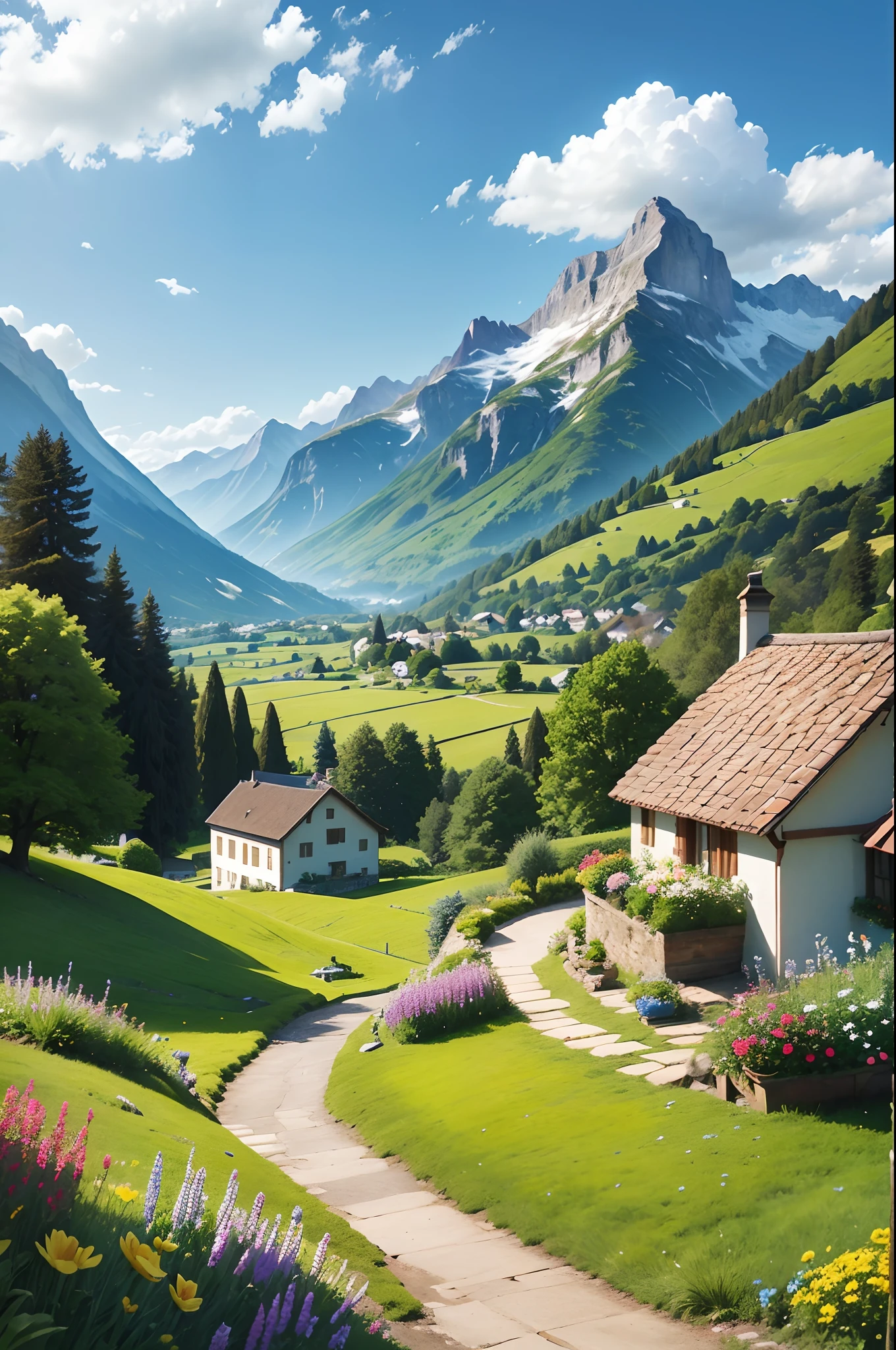 Peaceful and idyllic countryside, Rolling green hills dotted with grazing sheep, Charming villa，Set amidst vibrant flowers, Clear blue sky overhead, Evokes a sense of peace and simplicity, Valle encantador, switzerland, patches of green fields, lush countryside, Valle exuberante,An idyllic village in Milan,，verdant green fields，above a village，Rolling terraces，Colorful garden of flowers and plants，Alpine scenery in the Swiss countryside under the Alps，Carl Sessel Bern，Majestic nature, Swiss architecture, lindo cenario, rios，waterfallr