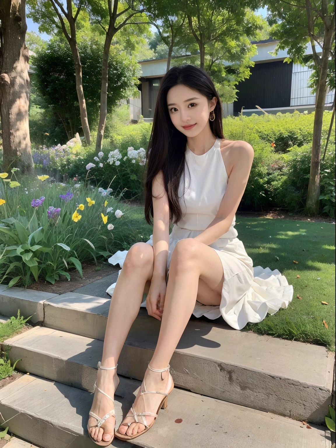 ,Masterpiece, Best quality,8K, 超高分辨率,Reallightandshadow,Cinema lenses,(beautidful eyes:1.1), ((中景 the scene is,The upper part of the body)),dynamicposes,On a green meadow,The gentle goddess came with gentle steps。She wore a white dress,A gentle breeze blows,The skirt dances lightly。The sun shone through the leaves in her hair,Reflecting her clear eyes and gentle smile。Colorful butterflies flutter around her,Flowers bloomed at her feet,It was as if nature was cheering for her。