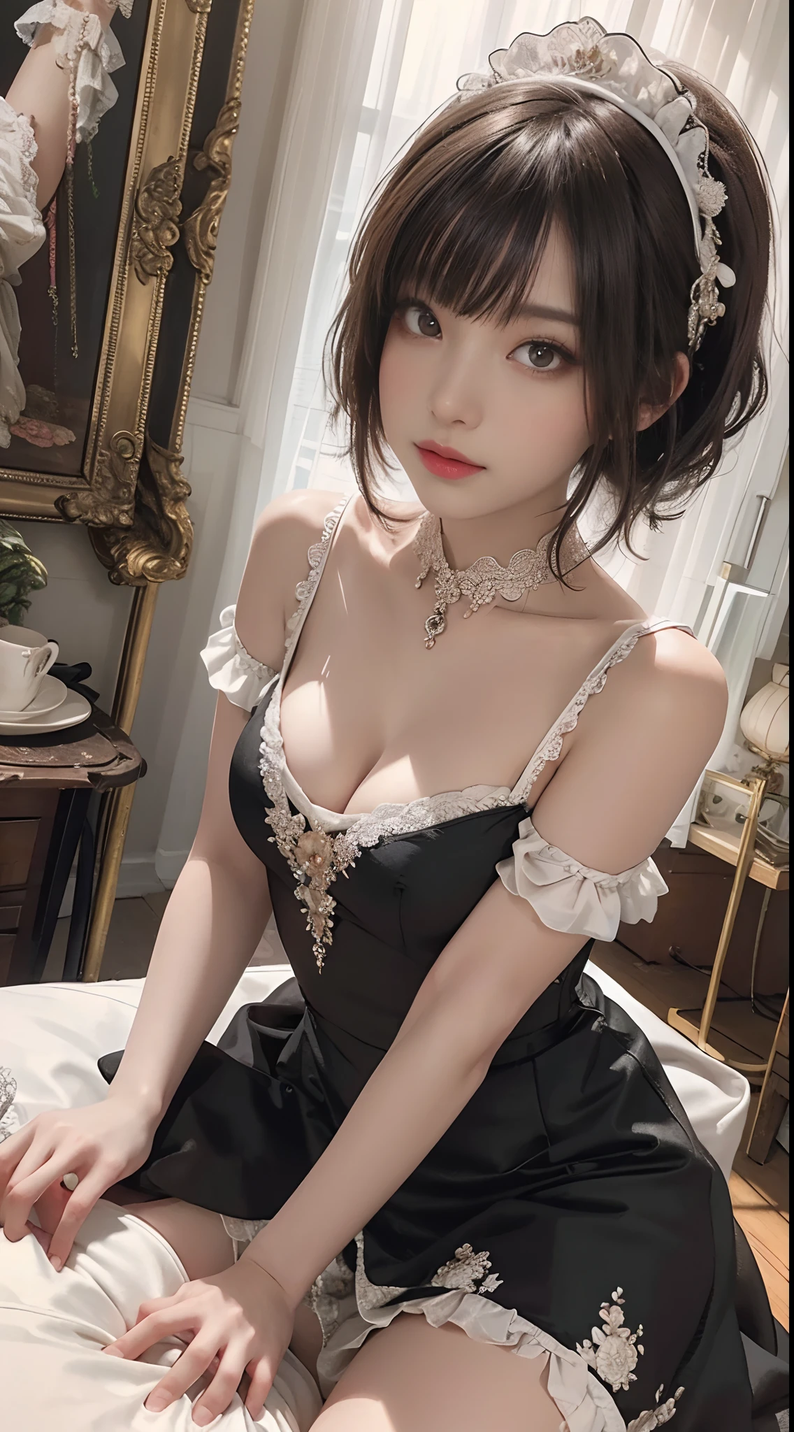 Beautiful Maid,Artistic rendering,Oil painting,elegant,Exquisite features,Detailed eyes and lips,Graceful posture,Floral pattern dress,Expressed with heart,Vibrant colors,Masterpiece:1.2,Soft lighting