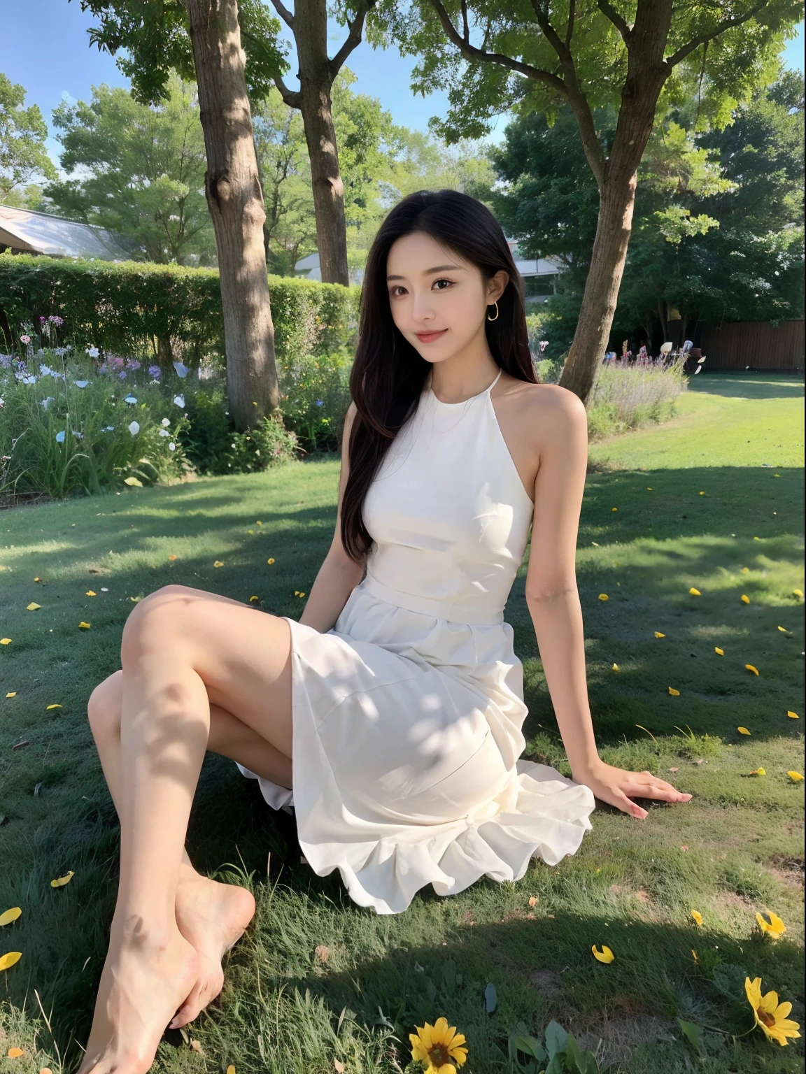 ,Masterpiece, Best quality,8K, 超高分辨率,Reallightandshadow,Cinema lenses,(beautidful eyes:1.1), ((中景 the scene is,The upper part of the body)),dynamicposes,On a green meadow,The gentle goddess came with gentle steps。She wore a white dress,A gentle breeze blows,The skirt dances lightly。The sun shone through the leaves in her hair,Reflecting her clear eyes and gentle smile。Colorful butterflies flutter around her,Flowers bloomed at her feet,It was as if nature was cheering for her。