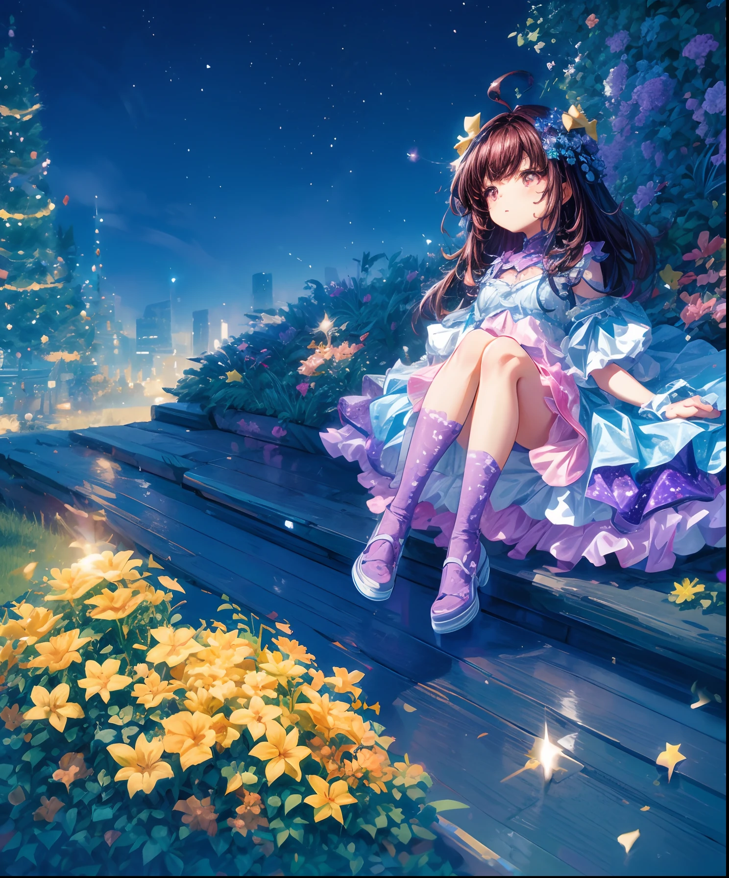 Describe a scene where a cute girl character is lying on a grassy hill, Looking up at the starry sky. Surround her with colorful nebulae and her favorite constellations.