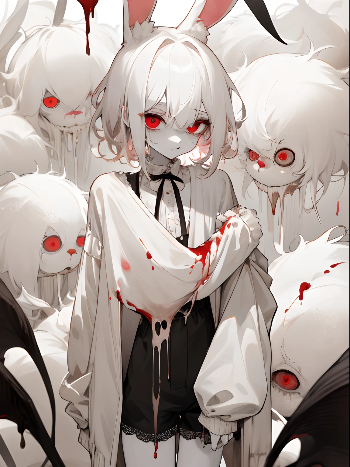 masterpiece, best quality, highres, 1boy, cream hair, white hair, pearl hair, lovely boy, rabbit ears, loose clothing, oversized clothing, dark red eyes, eye bags, dark circles under eyes, yami kawaii, fluffy hair, voluminous hair, skinny, slim, very skinny, androgynous, cute, creepy, short hair, horror, washed out colours, white skin, creepy, unnaturally thin, starving, eyes, eyes in background, sharp eyes, long eyelashes, under lashes, loose shorts, lace shirt, ruffled shirt, bow around neck, detailed clothing, loose cardigan, open cardigan, dripping blood, horrific, nightmare