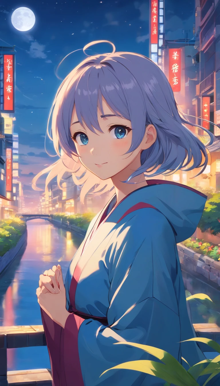 Best quality at best,tmasterpiece,The is very detailed,Face details,8K, detailed back ground,1girll,独奏,Silver hair,eBlue eyes,,long whitr hair,wavey hair,voluminous hair,,,Blushlush,ssmile,Shawl,Chinese city,Chinese service,the night,themoon,scenecy,high place,horizon,ventania,wind blown,flowerbed,looking at viewert