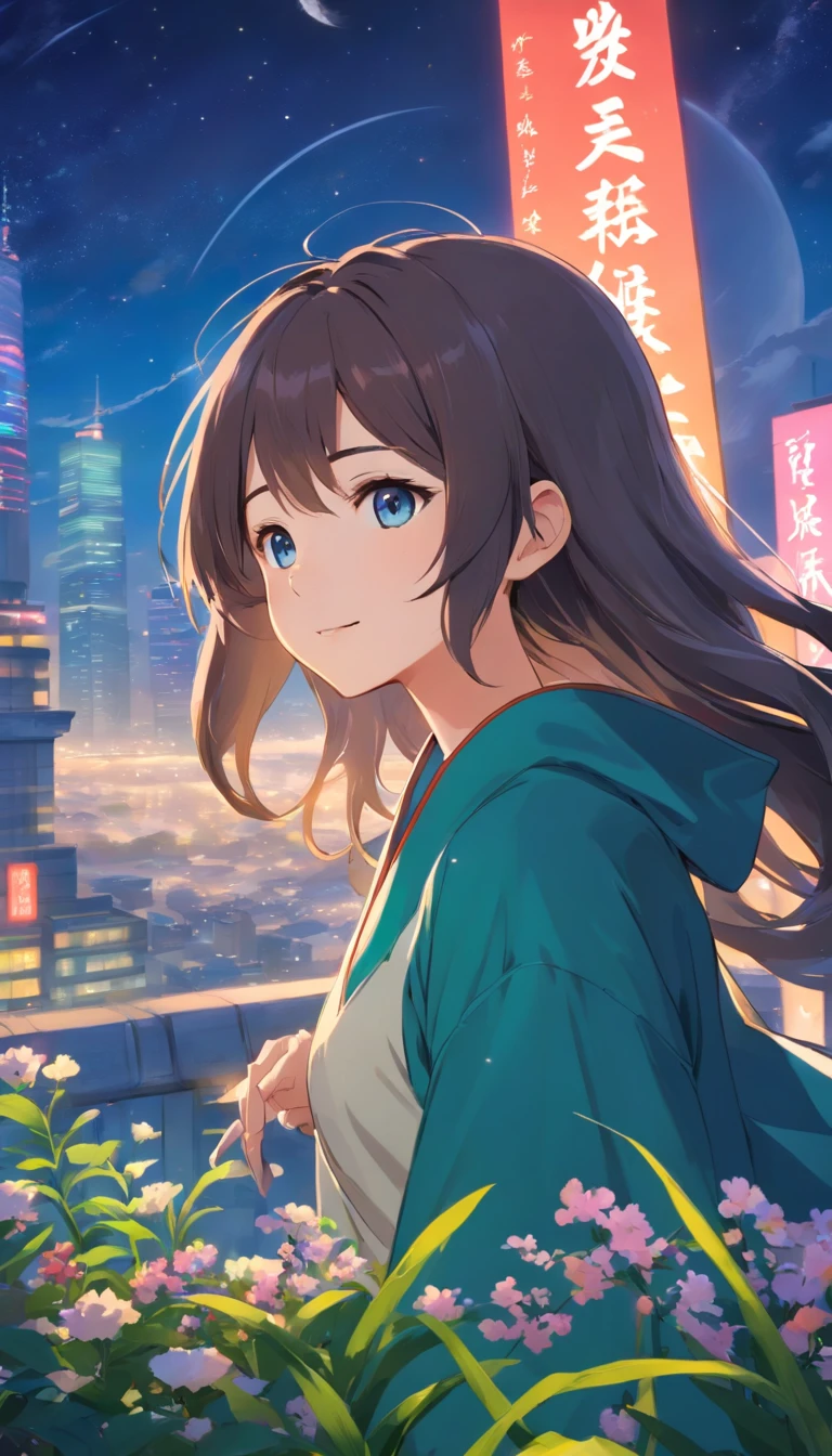 Best quality at best,tmasterpiece,The is very detailed,Face details,8K, detailed back ground,1girll,独奏,Silver hair,eBlue eyes,,long whitr hair,wavey hair,voluminous hair,,,Blushlush,ssmile,Shawl,Chinese city,Chinese service,the night,themoon,scenecy,high place,horizon,ventania,wind blown,flowerbed,looking at viewert