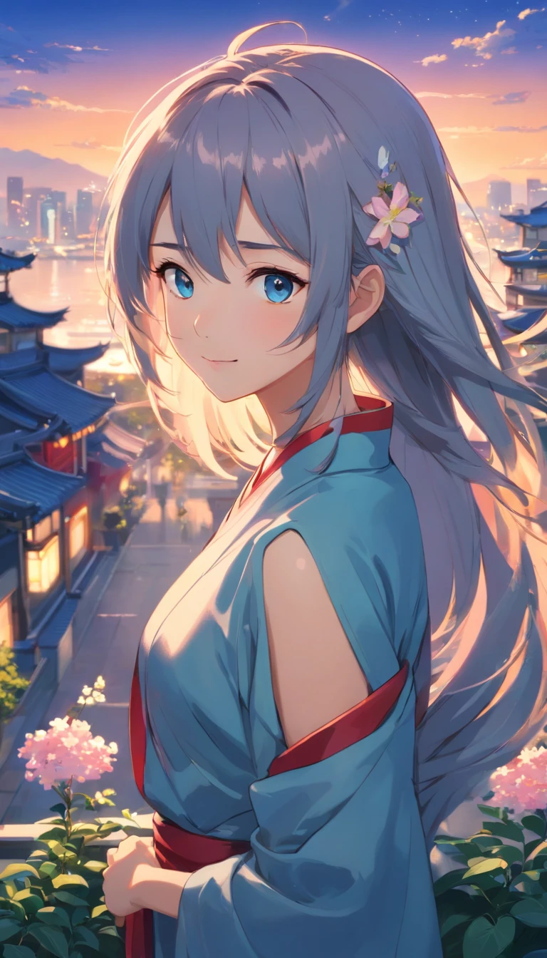 Best quality at best,tmasterpiece,The is very detailed,Face details,8K, detailed back ground,1girll,独奏,Silver hair,eBlue eyes,,long whitr hair,wavey hair,voluminous hair,,,Blushlush,ssmile,Shawl,Chinese city,Chinese service,the night,themoon,scenecy,high place,horizon,ventania,wind blown,flowerbed,looking at viewert