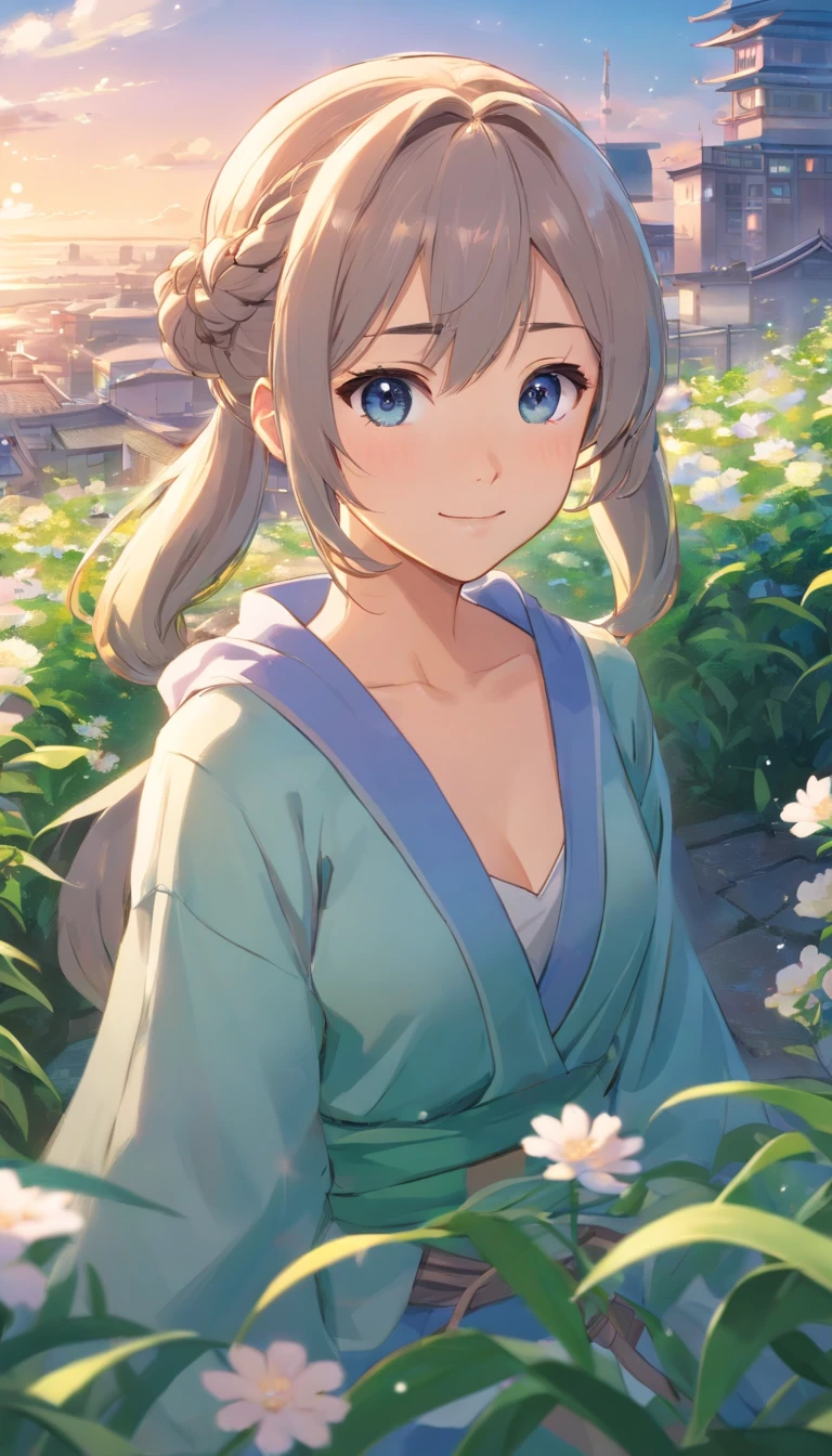 Best quality at best,tmasterpiece,The is very detailed,Face details,8K, detailed back ground,1girll,独奏,Silver hair,eBlue eyes,pigtails,long whitr hair,wavey hair,voluminous hair,pony tails,french braid,Blushlush,ssmile,Shawl,Chinese city,Chinese service,the night,themoon,scenecy,high place,horizon,ventania,wind blown,flowerbed,looking at viewert