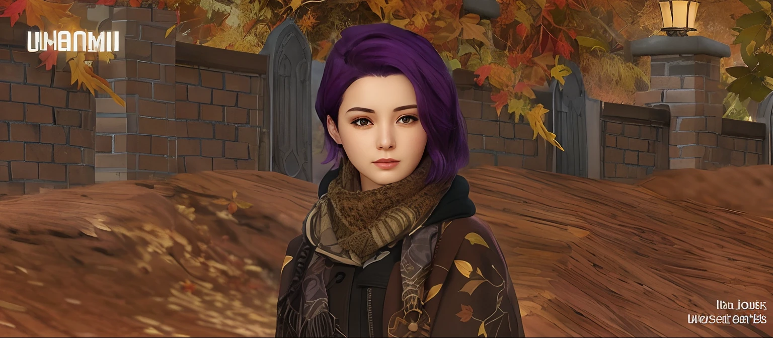 there is a woman with purple hair and a scarf in a game, with very highly detailed face, in game, 🍂 cute, character close up, close up character, orange and brown leaves for hair, character close-up, beautiful screenshot, female character, ingame image, wearing cloak on blasted plain, hints of yayoi kasuma, 🍁 cute