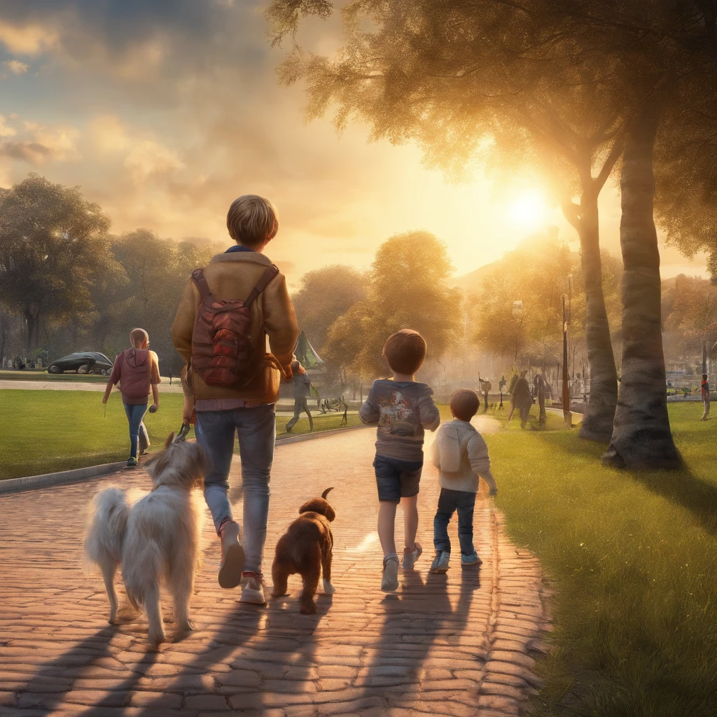 Paisagem, por do sol, Children playing and dogs in a park