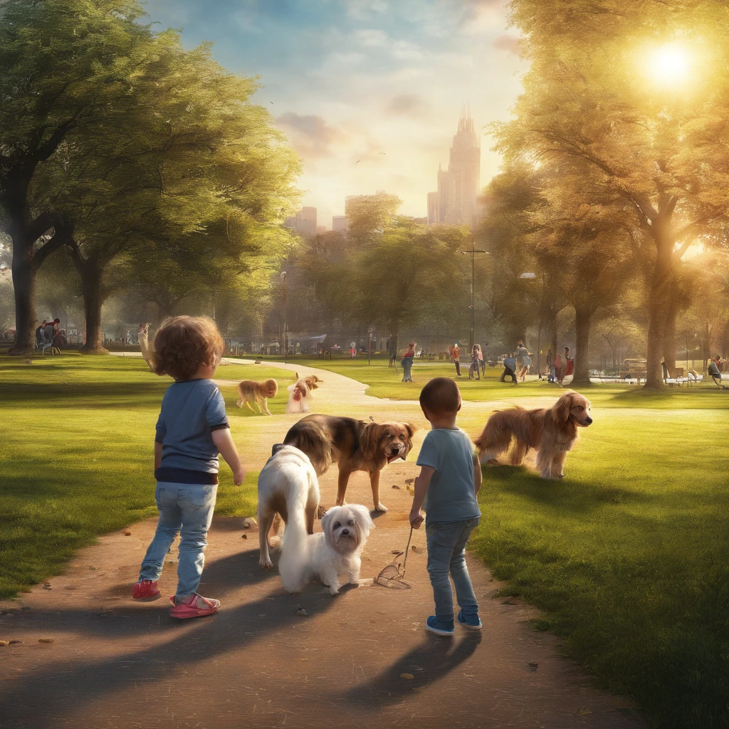 Paisagem, por do sol, Children playing and dogs in a park