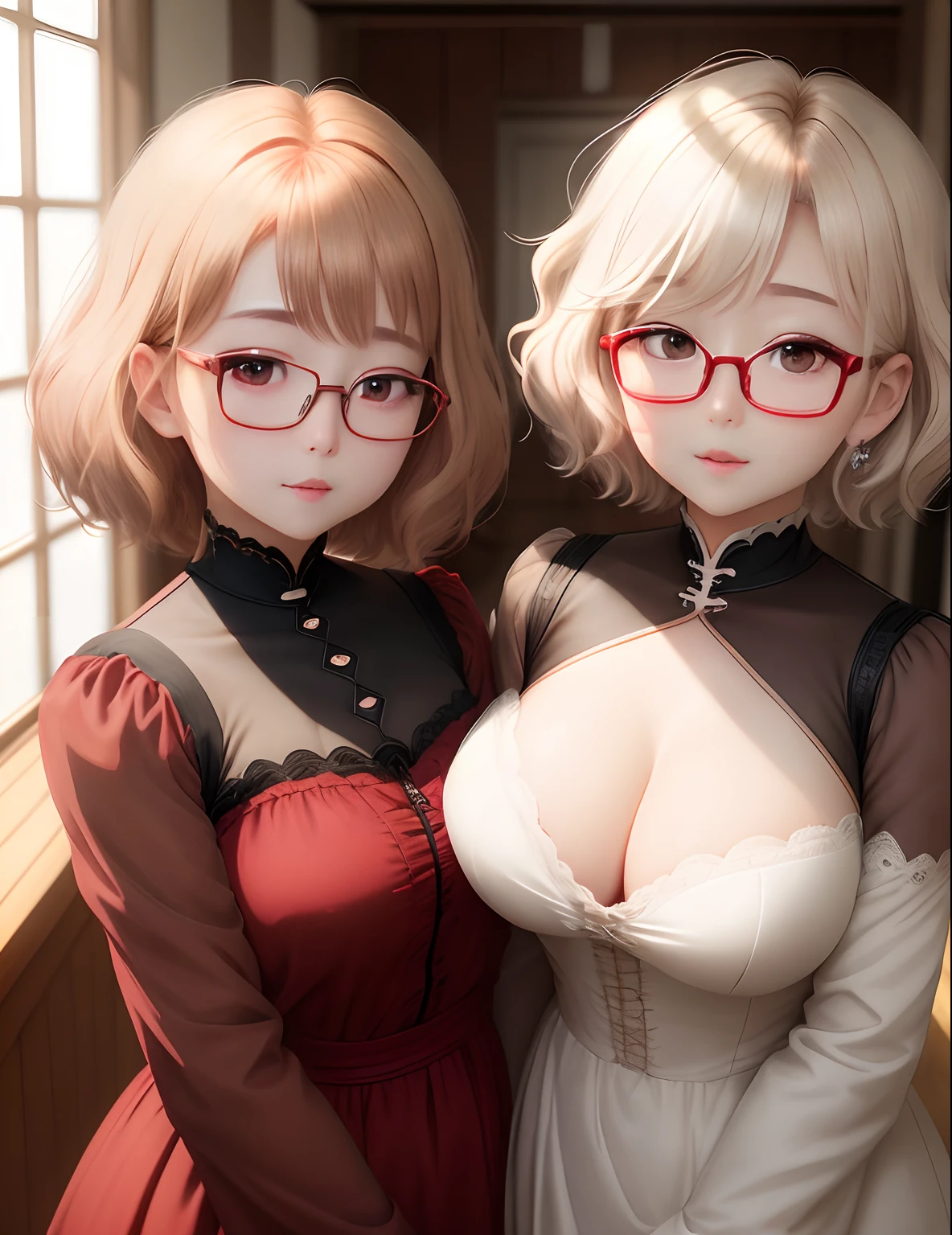 masuter piece、Soft smile、short-hair、natural, brilliant light and shadow、Looking at the camera、Realistic、thick reddish lips、very large vertical eyes、3 times more eyes than normal,,、Highlights the hair cuticle、Emphasis on chest bulge、fullnude、Little Girl、Colossal tits、Real 3D Anime Style、Adjust your whole body to the angle of view、Red-edged glasses、cream colored Hair
