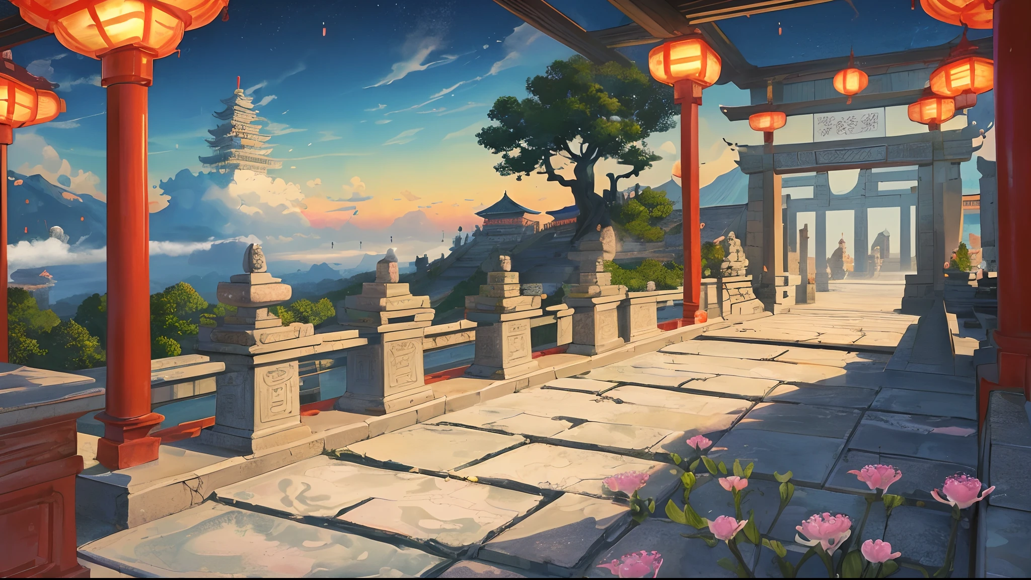 The game scene, the ancient Chinese palace is located above the clouds, surrounded by clouds and mist, majestic, glazed tiles, Buddha statues, lanterns, brilliant colors, long stone steps and archway gates in the foreground ((color ink) ), ((splash ink ) ), ((splash ink) ink})), masterpiece, high quality, beautiful graphics, high detail