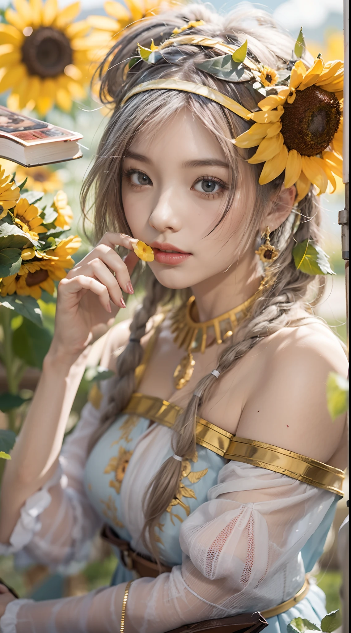 In a very grand scene，The extra-large wide-angle lens captures the appearance of a female centaur。She is a Sunflower Worship nun，Always opposed（Healing smiley face of knitted sunflower puppet😊：99.99）DOA。She is tall，It has the ultimate curvy beauty，The muscles are slender and firm，Beautiful lines。She has（Super huge sky blue eyes：99.99）、always（Wearing sexy glasses：6.66）、（She wears solemn nun attire：9.9）、Stepping on a boot-style skyscraper-heel、A pink cross hangs on his chest。Use Midjourney's advanced tools，Designed for female centaurs（A knitted sunflower puppet and create a super healing cartoon smiley face in the center of the flower tray as a decoration：9.9），and noble and solemn nun costumes，and highlight her unique physiological characteristics and appearance details，Add realism。And in the context of her prayers and listening to confessions，Spectacular views of nature，Such as the sky where storms and sunny days alternate、Brilliant rivers of stars and auroras、The snow-capped summit of Mount Everest、Fireworks in the mountain town, etc。ao mesmo tempo，Away from the hustle and bustle next to the chapel，Create a fantastic scene。Use Midjourney's advanced tools and multiple color palettes、Brush Strokes、Texture tools and model packages，It shows a sense of atmosphere where beauty and charm coexist。The charm of the female centaur is highlighted through color and lines，Enhance realism with detailing，Create a surreal dreamy feeling。Additionally，Use Midjourney's tools to add various exorcism props and books to the female centaur、pergaminhos，Create intricate hairstyles and outfits，Give her a sense of premium。She never flinches，No matter what monster you encounter，can respond quickly，Even the most extreme armies of natural disasters and monsters could not stop her and her front（Sunflower with Tyndall effect that emits sunlight9.99）。Use Midjourney's powerful tools，You can do it with incredible detail and beauty，Bring this ultra-grand and beautiful scene to life。Ultra-grand scenes，s