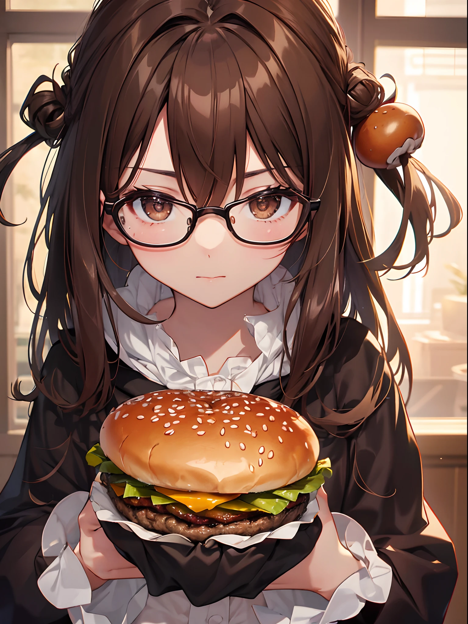 masterpiece, Super Detail, highest quality, beautiful gyaru, Sparkling eyes, Eat hamburger with both hands, Holding a hamburger in both hands, eat,Very detailed，High resolution，masterpiece，8k，(Black Hair)，((Brown eyes))，Glasses，Short length，Chubby，Thick eyebrows，((Braided Short Hair))，((Blunt bangs))，((fashion//White hoodie:1.3))，(Eat a delicious burger:1.3)，(French fries and juice:1.1)，(blush)，surely:Accurate and detailed female fingers，(vibrant colors) cleavage