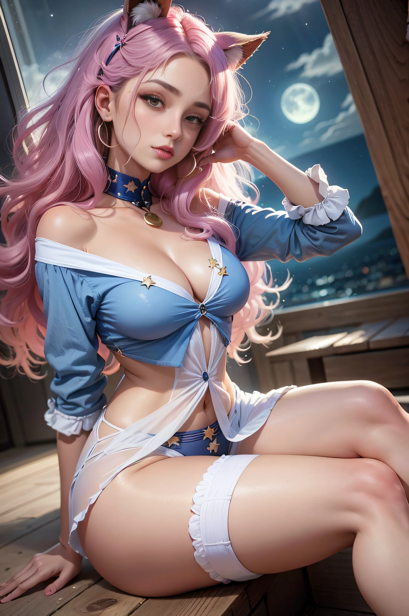 criar personagem perfeito, Usagi Tsukino de saylor moon, loira, cabelos longos e com francha, de saia azul bem curta, camisa branca estilo marineira com gravata borboleta vermelha, usando meias brancas e sapatos pin up, peitos grandes e lindos, calcinha branca, segurando barinha magica com estrela na ponta