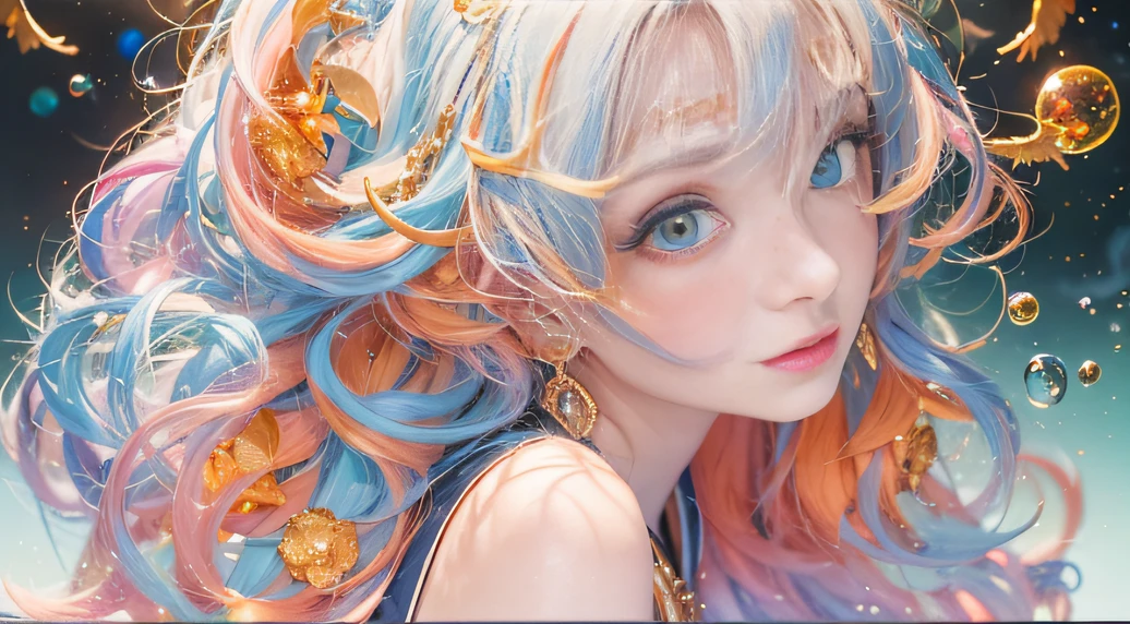 cyan colors,blue colors,Autumn Enamel World,Blood Girl 32K(tmasterpiece,k hd,Aoyama Pond,hyper HD,32K)Long flowing bright orange hair,Autumn pool,zydink, a color,Grumpy (Post-halo), (Linen scarf), Combat posture, Looking at the autumn ground, long whitr hair, Floating bright orange, Fire cloud pattern gold tiara, Chinese long-sleeved gold silk burgundy autumn clothing, (Abstract metaverse splash:1.2), white backgrounid,Peony flower vitality protector(realisticlying:1.4),Bright purple hair,Smoke on the road in autumn,The background is pure, A high resolution, the detail, RAW photogr, Sharp Re, Nikon D850 Film Stock Photo by Jefferies Lee 4 Kodak Portra 400 Camera F1.6 shots, Rich colors, ultra-realistic vivid textures, Dramatic lighting, Unreal Engine Art Station Trend, cinestir 800,A girl with long flowing bright orange hair,Huge colorful bubbles