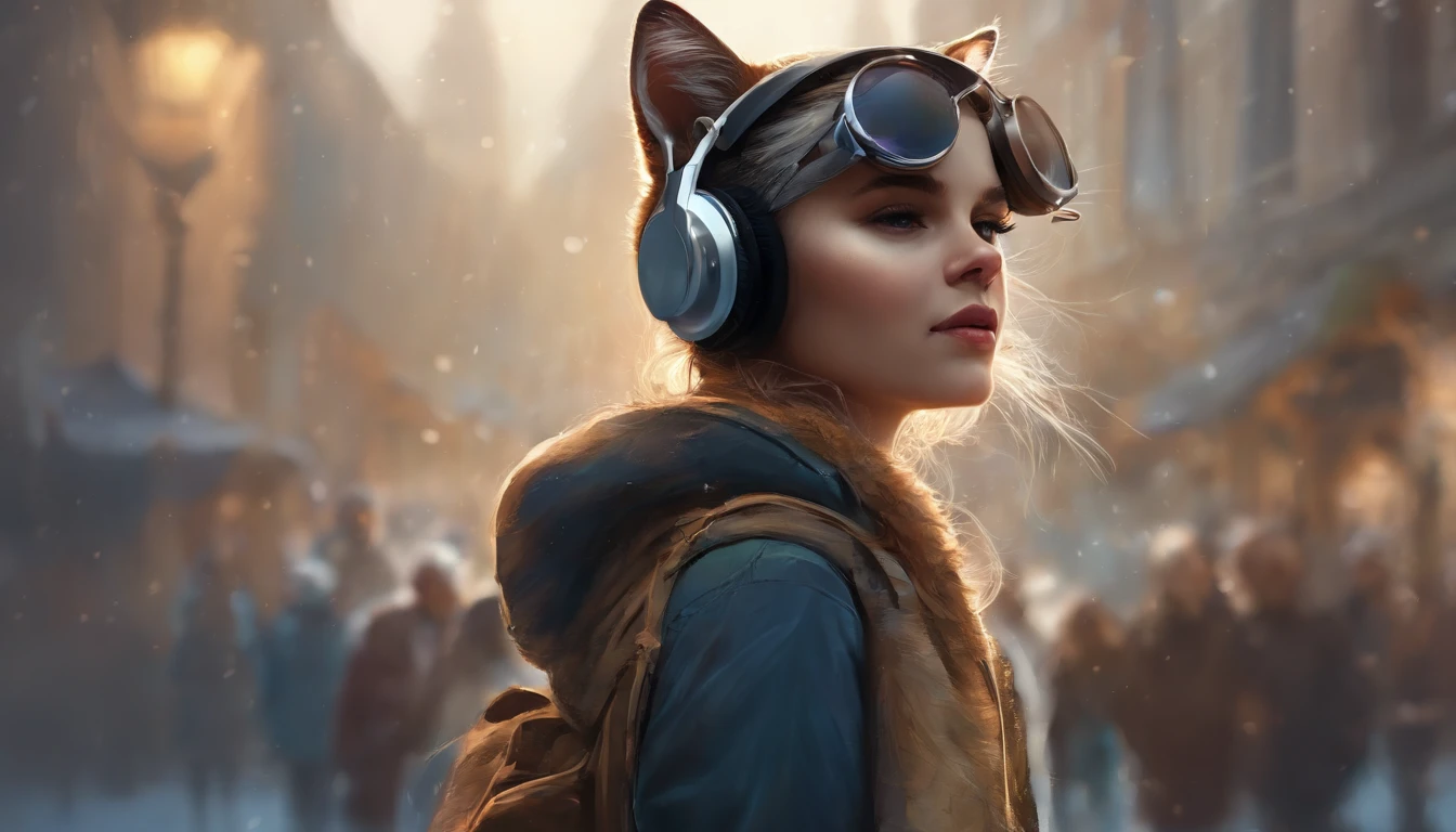 Perfect centering, a cute little cat, Wear a student jacket, Wearing sunglasses, Wearing headphones, Standing position, Abstract beauty, Centered, Looking at the camera, Facing the camera, nearing perfection, Dynamic, Moonlight, Highly detailed, Digital painting, art stations, concept-art, smooth, Sharp focus, 8K, high definition resolution, illustration, Art by Carne Griffiths and Wadim Kashin, White background