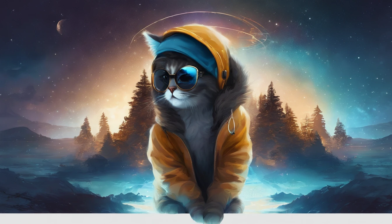 Perfect centering, a cute little cat, Wear a student jacket, Wearing sunglasses, Wearing headphones, Standing position, Abstract beauty, Centered, Looking at the camera, Facing the camera, nearing perfection, Dynamic, Moonlight, Highly detailed, Digital painting, art  stations, concept-art, smooth, Sharp focus, 8K, high definition resolution, illustration, Art by Carne Griffiths and Wadim Kashin, White background