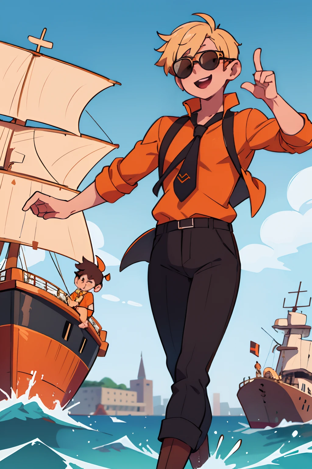 (beste-Qualit, tmasterpiece)), 
1guy, ship captain  ,White costume, brown pants, Orange shirt, Black Boots, Yellow tie, blond short hair, Orange Eyes, Black sunglasses, is happy, exteriors, Yacht in the background,  Seaport in the background