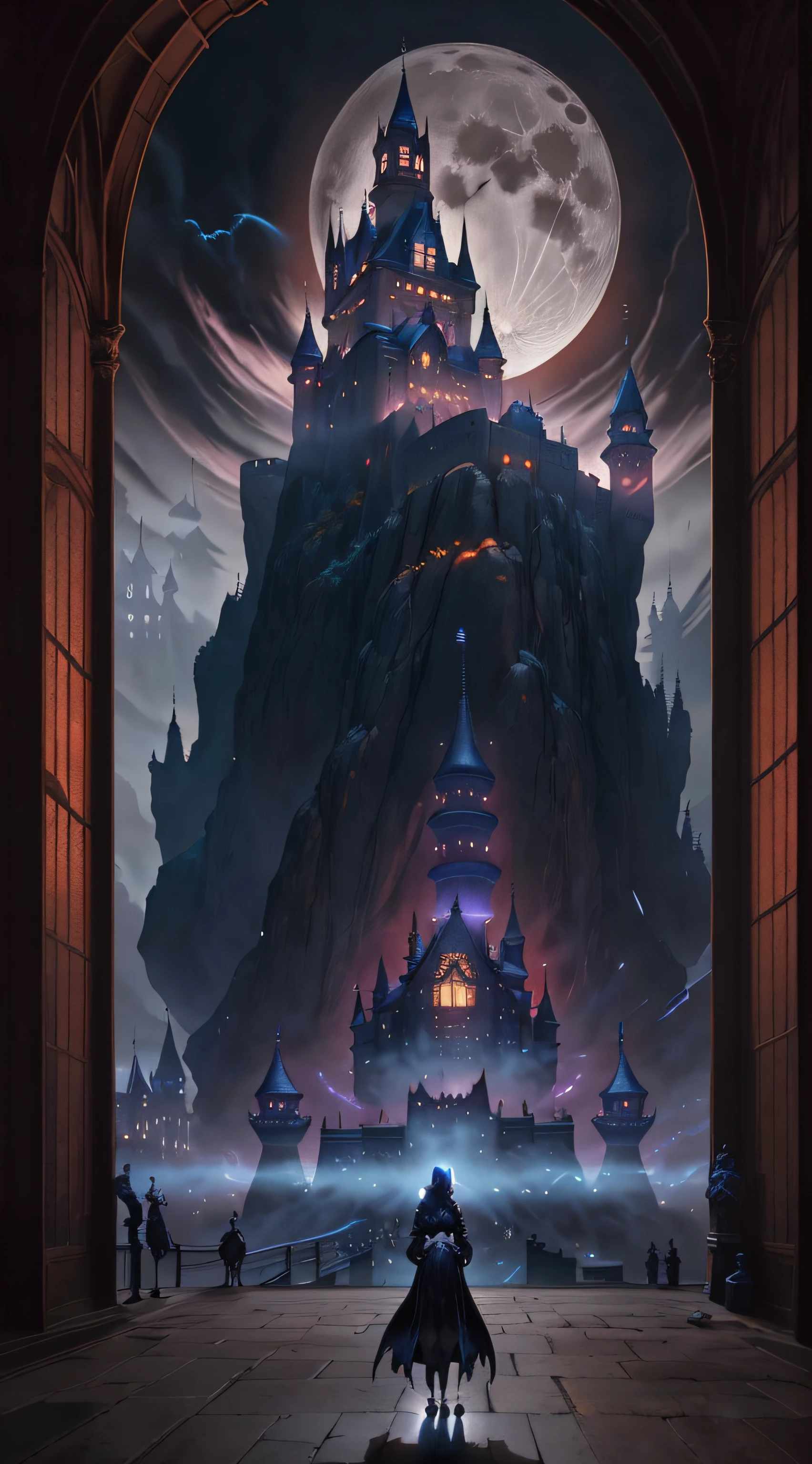 Anime girl standing in front of castle with full moon in the background, The Tower of the Distant Mage, inspired by Andreas Rocha, Cyberpunk Castle, artwork in the style of guweiz, magical castle, gothic epic library concept, low details. Digital Painting, concept art magical highlight, Fantasy Art Style, Dark pastel castle background, stylized urban fantasy artwork