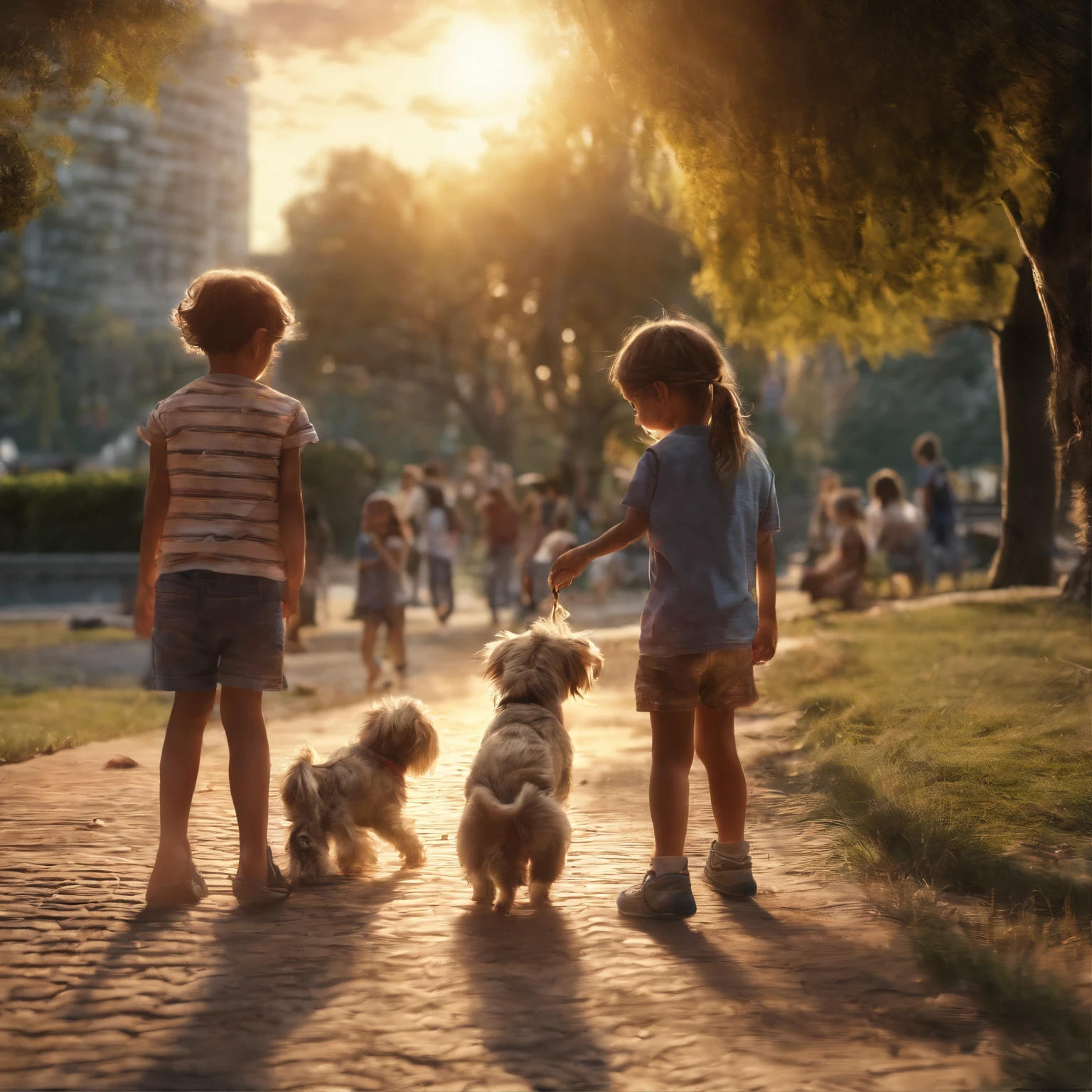Paisagem, por do sol, Children playing and dogs in a park