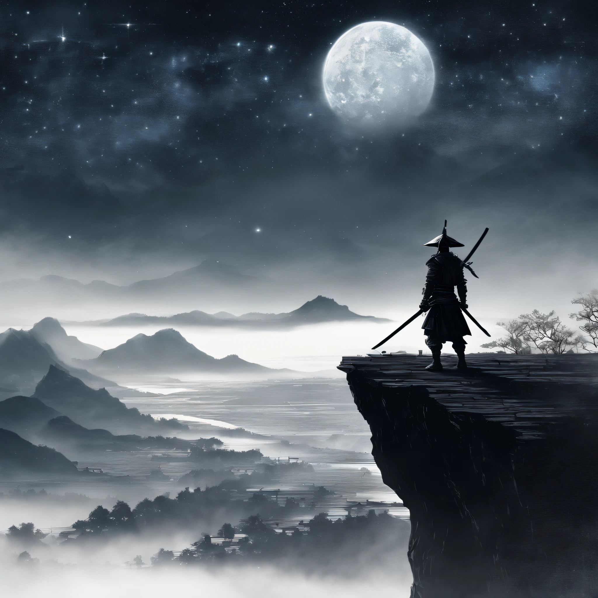 The samurai holds a katana, Starry skies and mist shroud the landscape.