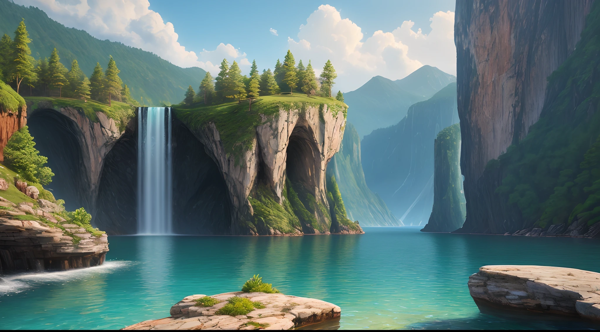A close up of a waterfall in a mountain with a body of water - SeaArt AI