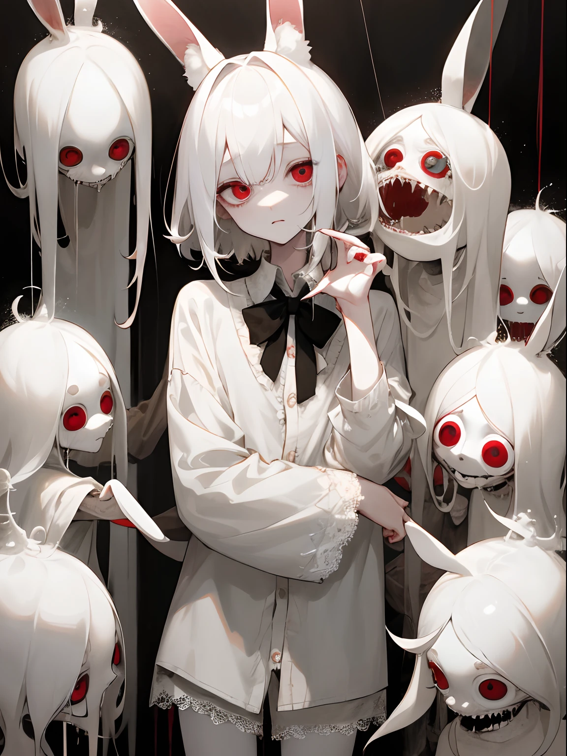 masterpiece, best quality, highres, 1boy, cream hair, white hair, pearl hair, lovely boy, rabbit ears, loose clothing, oversized clothing, dark red eyes, eye bags, dark circles under eyes, yami kawaii, fluffy hair, voluminous hair, skinny, slim, very skinny, androgynous, cute, creepy, short hair, horror, washed out colours, white skin, creepy, unnaturally thin, starving, eyes, eyes in background, sharp eyes, long eyelashes, under lashes, loose shorts, lace shirt, ruffled shirt, bow around neck, detailed clothing, loose cardigan, open cardigan, dripping blood, horrific, nightmare, haunted, stitches, patchwork, puppet, strings, injuries